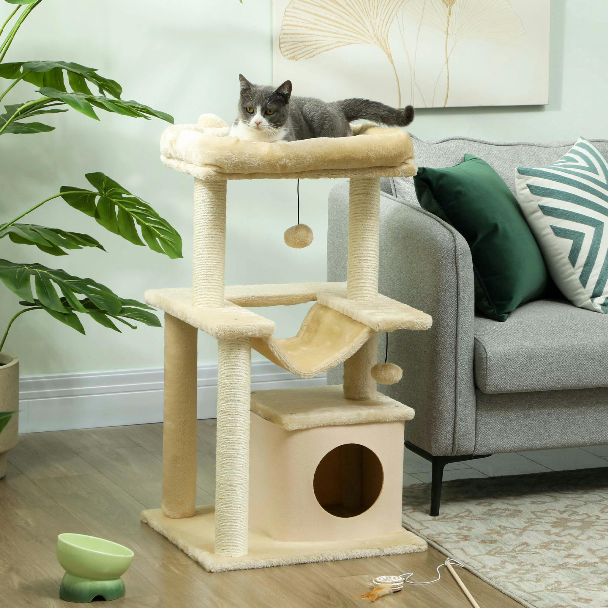 Pawhut Unisex Beige Cat Tree, 90Cm Cat Tower With Sisal Scratching Posts, - Image 2