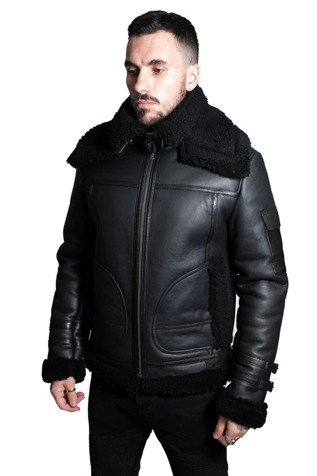 Infinity Leather Men's Black Retro Biker Sheepskin Jacket-Hingham - S