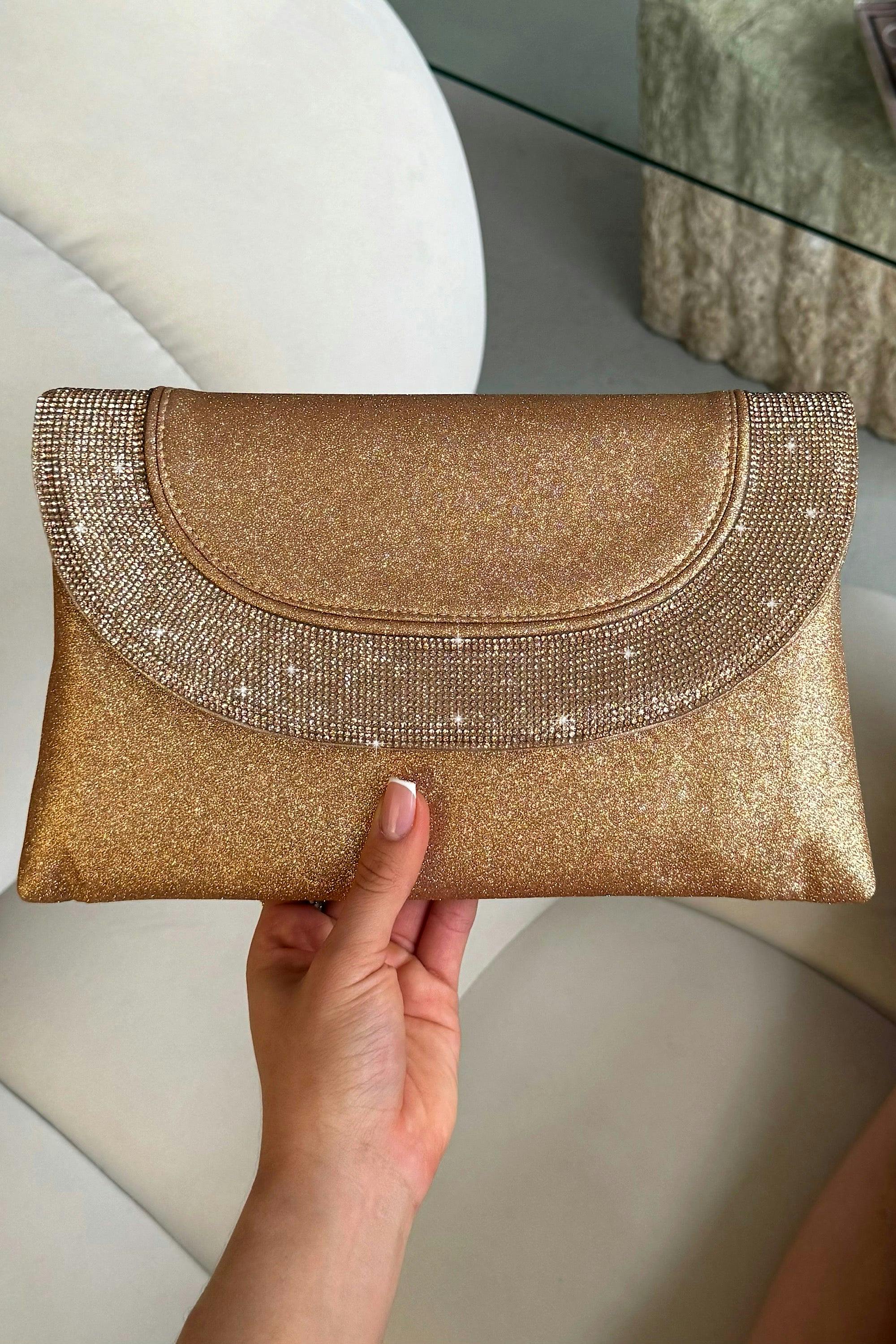 Love Lemonade Gold Glitter Luxe Metallic Crystal Envelope Clutch Bag Rose