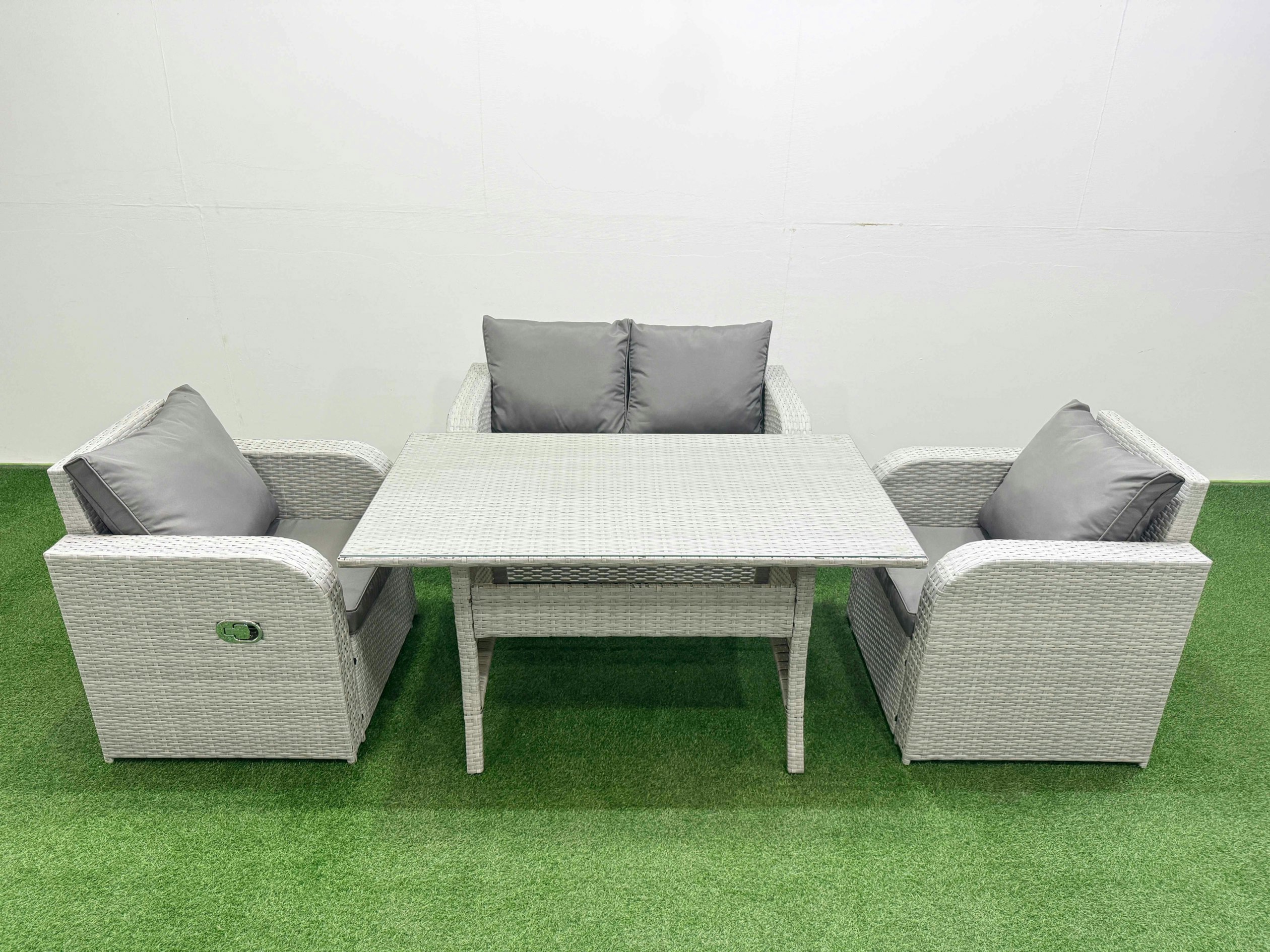 Rackhams Light/Grey Pe Wicker Rattan Garden Furniture Set Sofa Set Reclining Chair Rectangular Dining Table 4 Seater