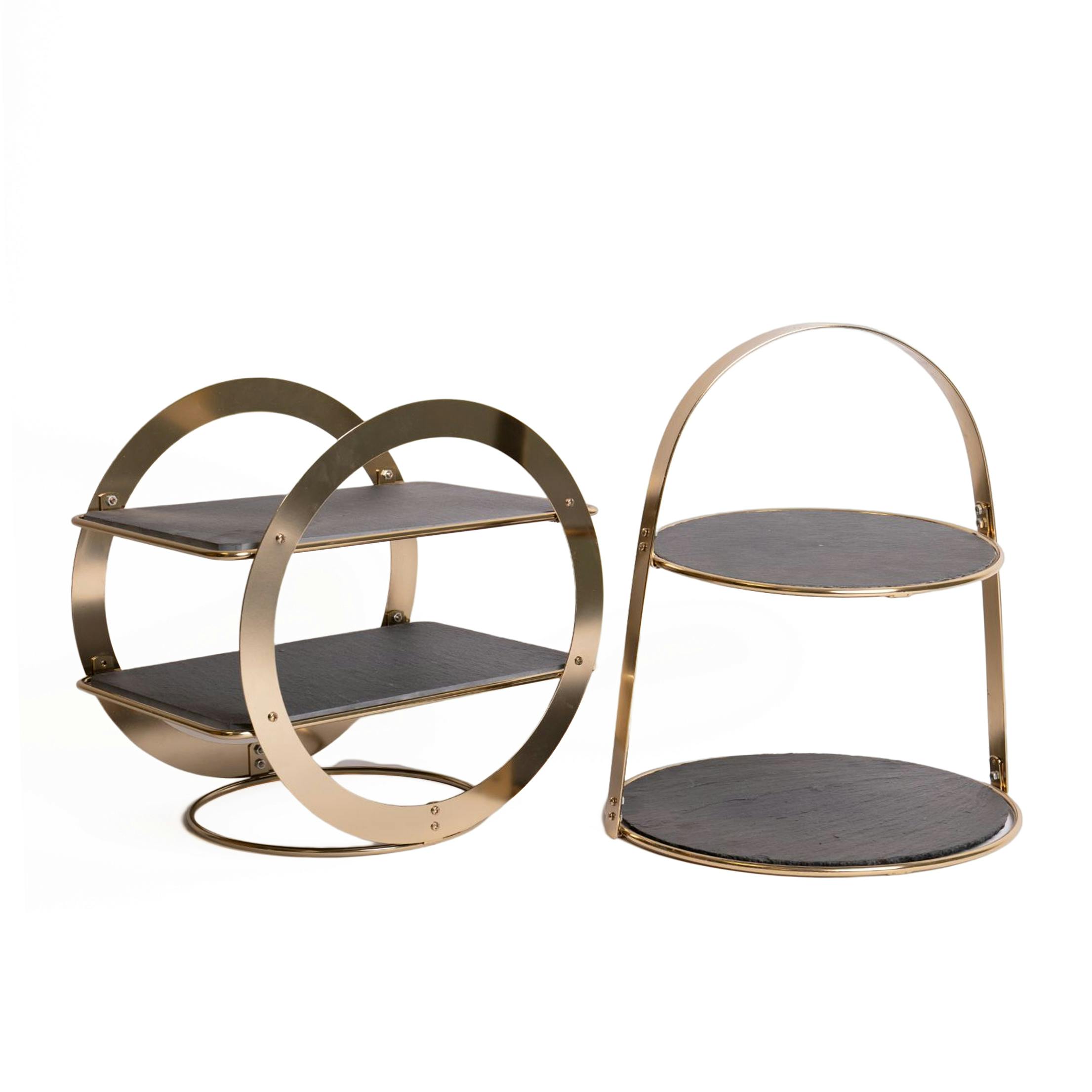 Rackhams Black 2Pc Serving Set With 2-Tier Geometric Brass Serving Stand And 2-Tier Brass Cake Stand With Slate Serving Platters - Slate With Metal Body - Serving Stands