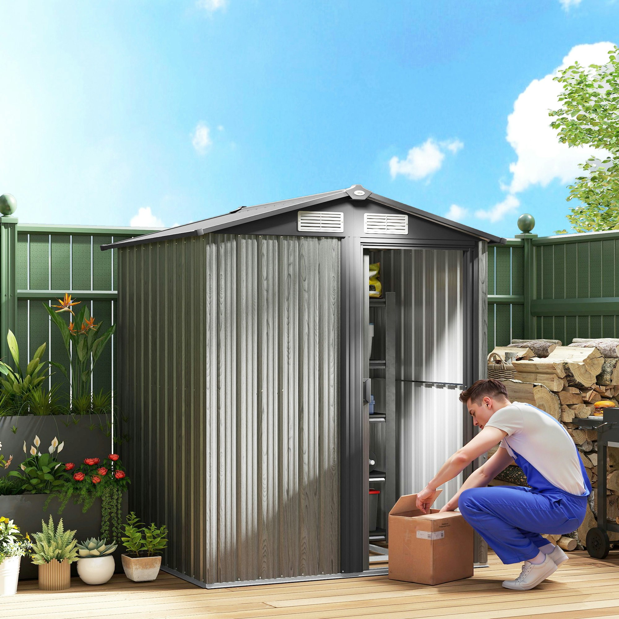 Outsunny Light/Grey 5Ft X 4.3Ft Outdoor Metal Storage Shed With Sliding Door