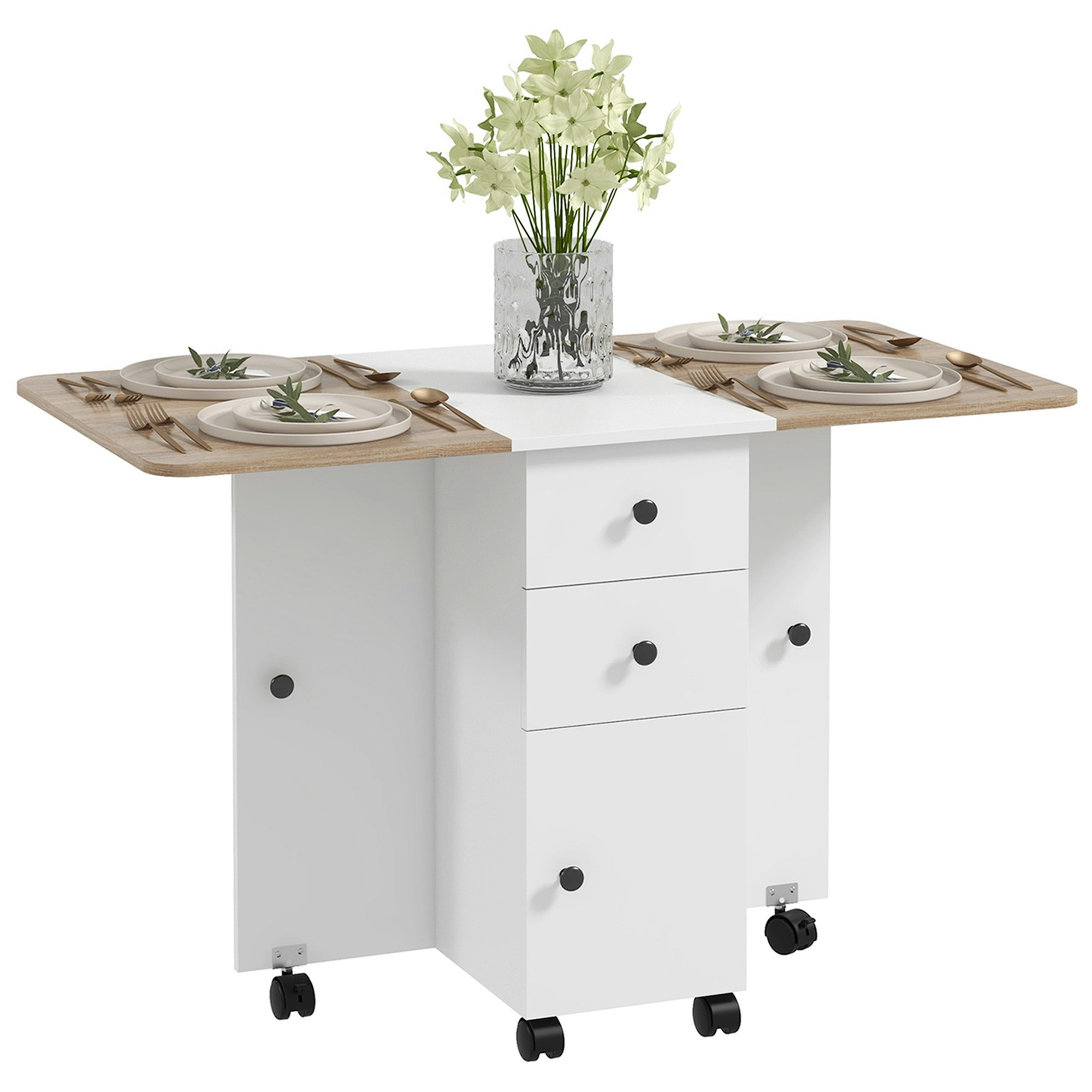 Rackhams White Folding Dining Table, Drop Leaf Table With Storage Drawers - Oak And Small