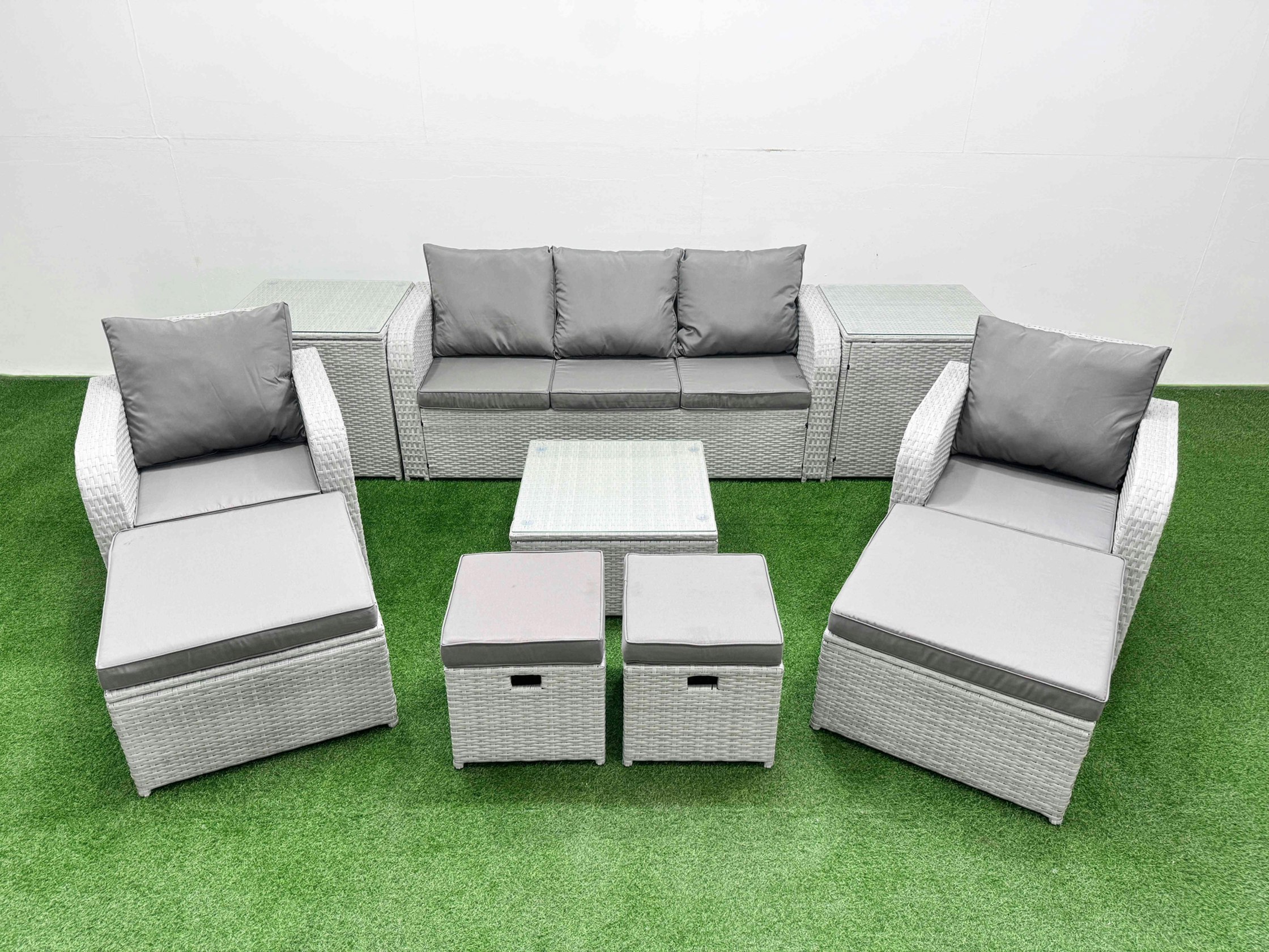 Rackhams Light/Grey Outdoor Garden Furniture Set Pe Rattan Lounge Sofa Set With Coffee Table 3 Seater Sofa 4 Footstools 2 Side Tables
