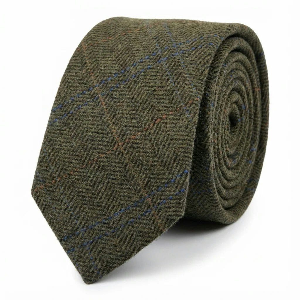 Truclothing Men's Wool Blend Herringbone Plaid Tweed Tie - Olive