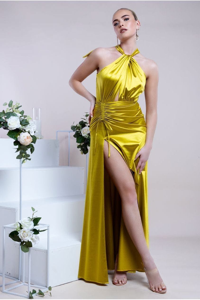 Goddiva Green Halter Neck Front Split Satin Maxi Dress - Lime By - Lime - 12