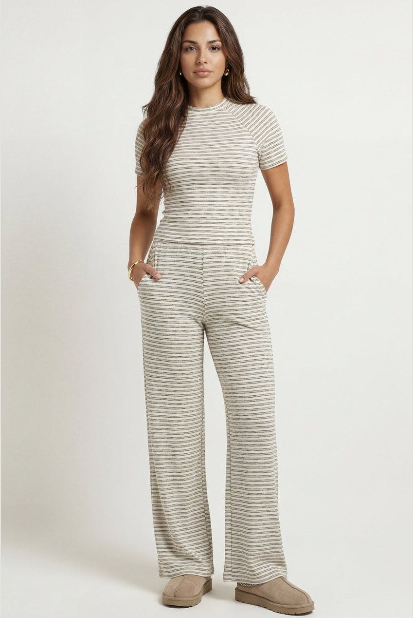 Urban Bliss Cream Jersey Striped Wide Leg Trouser - 12