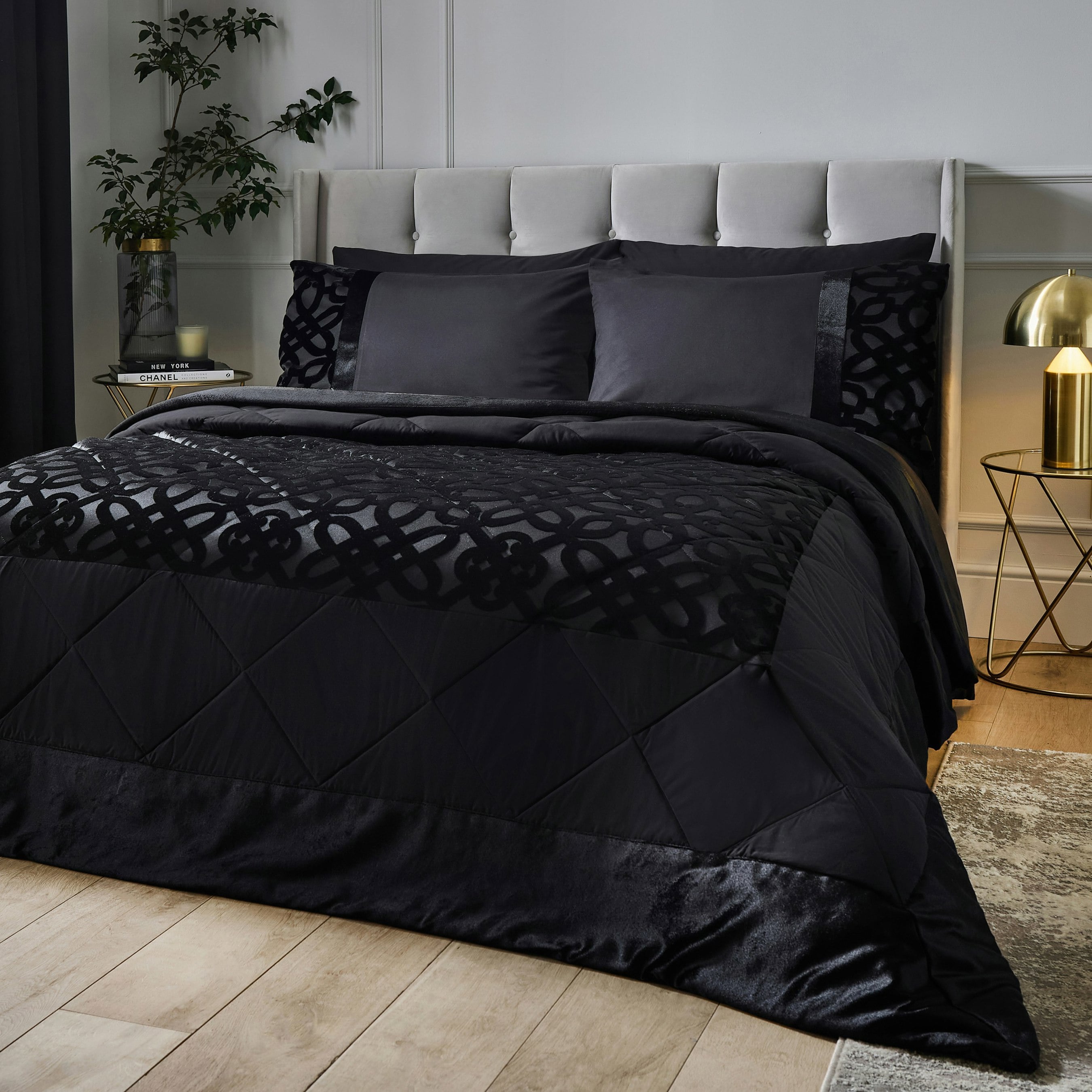 Rackhams Black Lattice Cut Velvet Quilted Bedspread