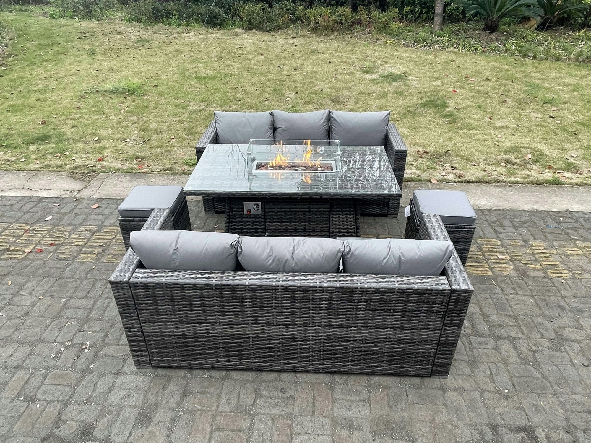 Fimous Dark/Grey Outdoor Pe Rattan Garden Furniture Gas Fire Pit Dining Table Lounge Sofa 2 Pc Footstools Mixed Patio