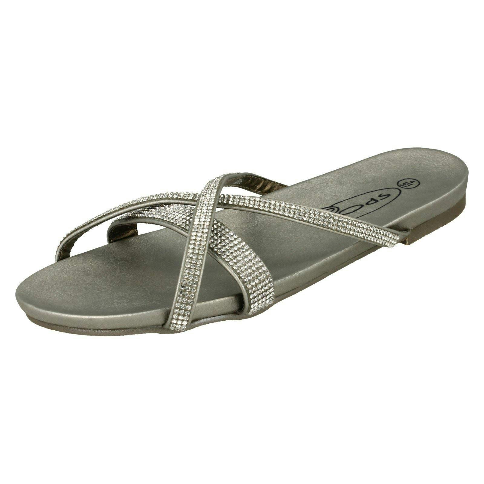 Spot On Women's Silver Diamante Flat Sandals - Uk 5