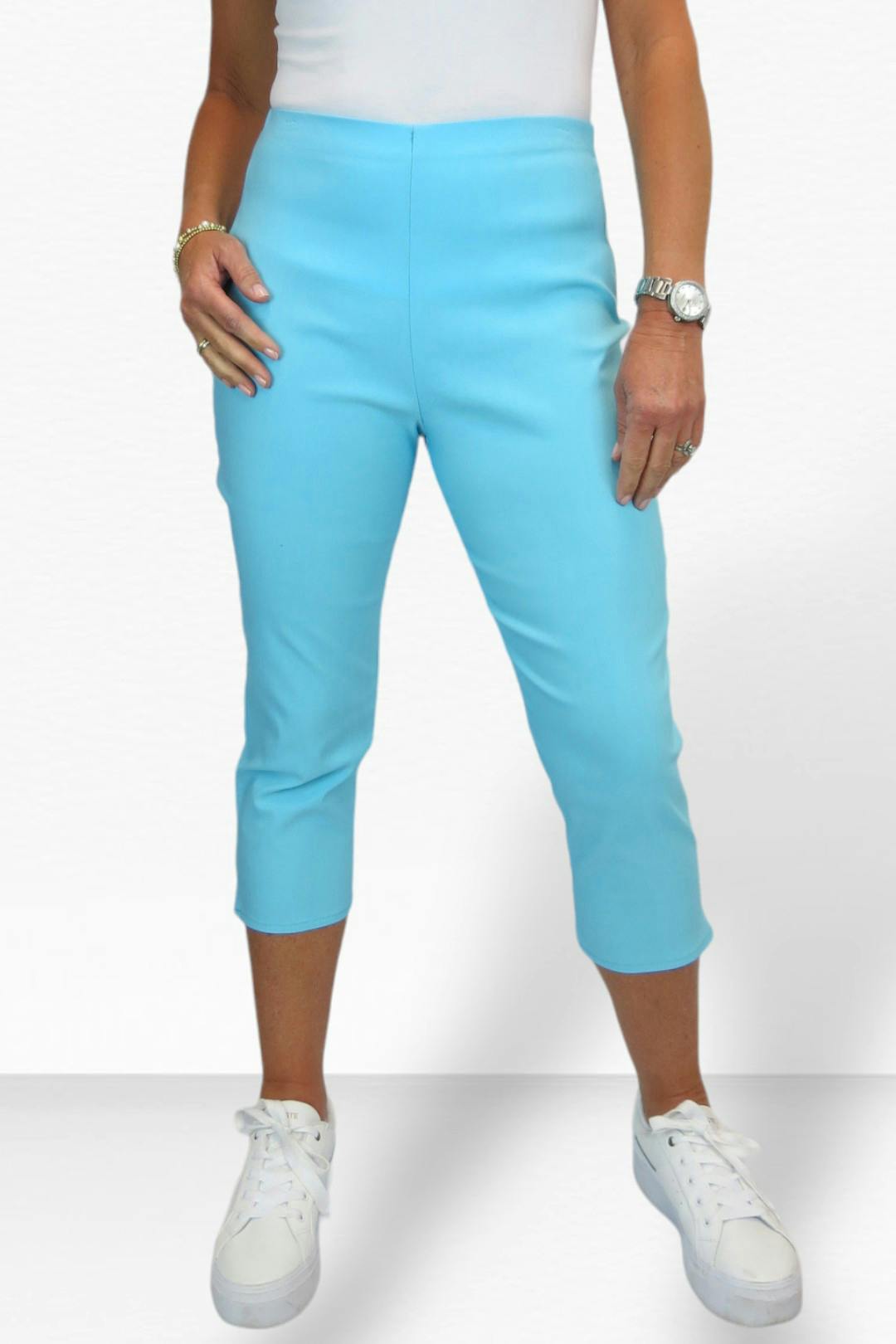 Paulo Due Women's Turquoise Slim Leg Elastic Waist Cropped Trousers - 10