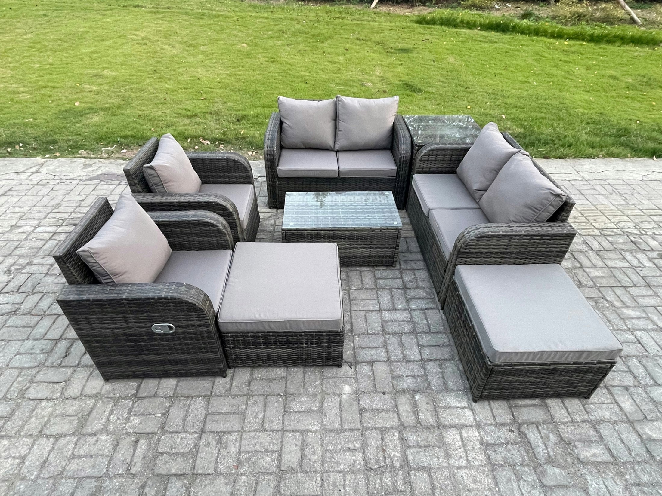 Fimous Dark/Grey 8 Seater Mixed Rattan Outdoor Lounge Set - Rectangular Coffee Table, 2 Big Footstools & Loveseat