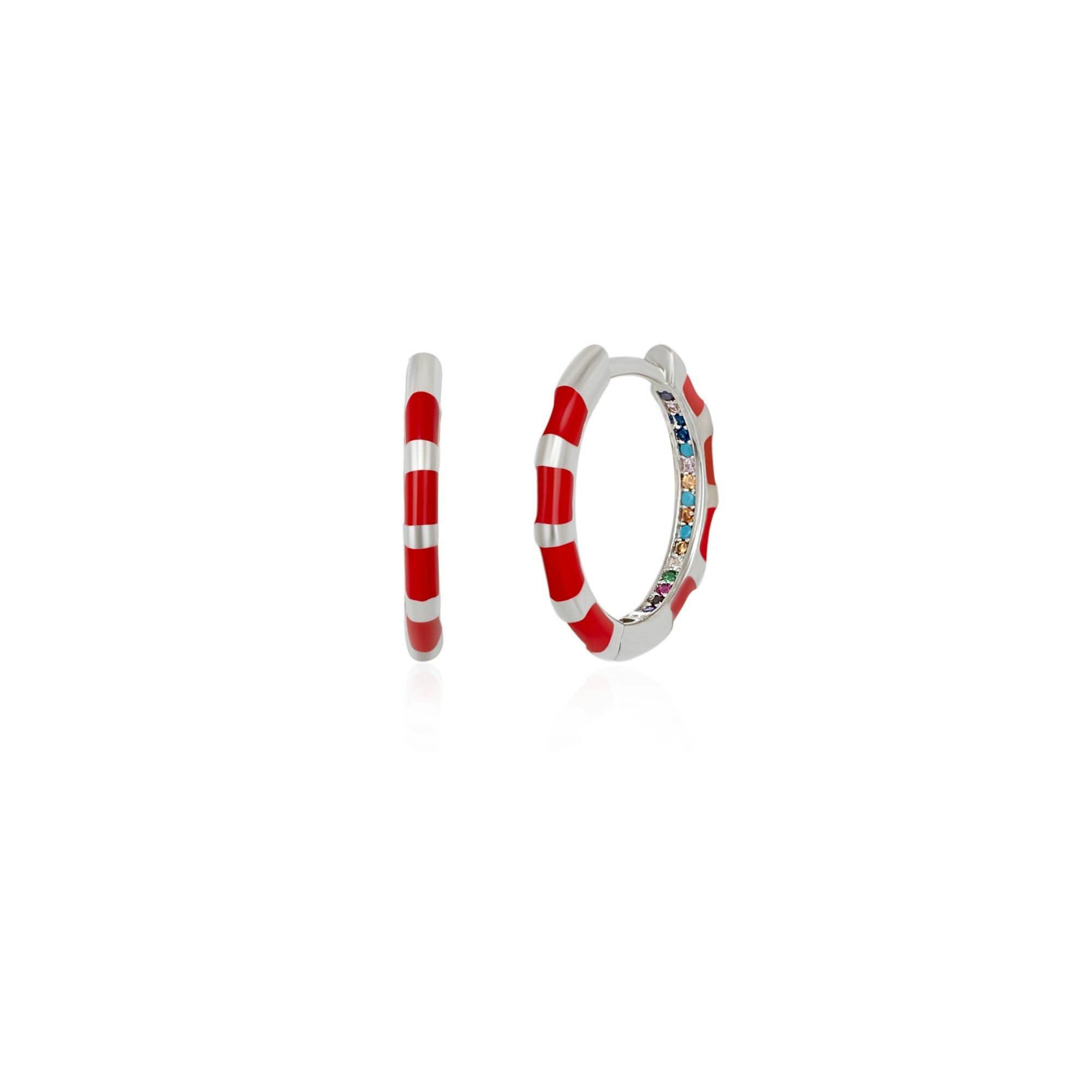 Spero London Red/Silver Enamel Fine Stripe Sterling Hoop Earrings With Multi Color Zirconia Interior