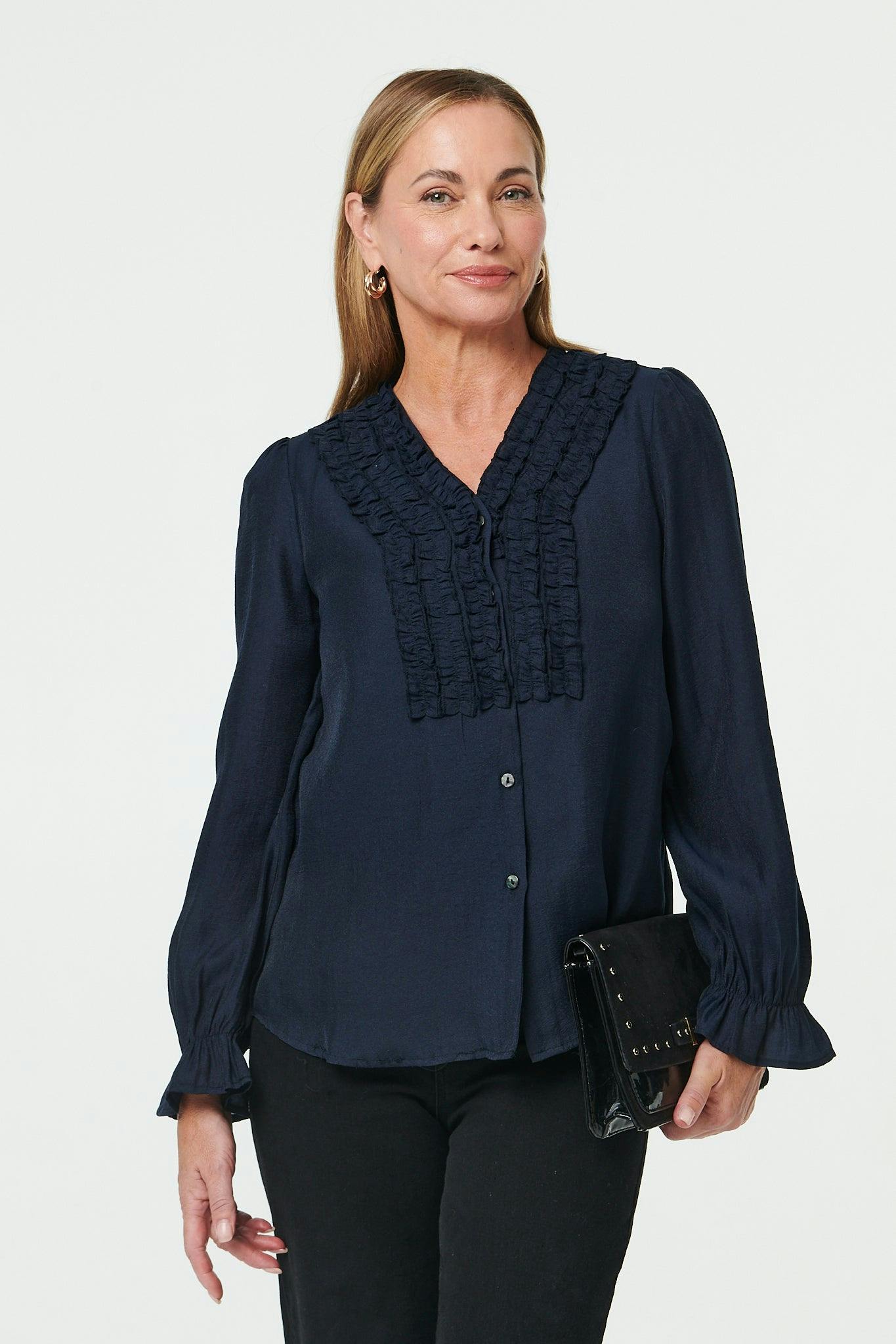 Izabel London Long Sleeve Frilled Trim V-Neck Blouse - 16 - Navy