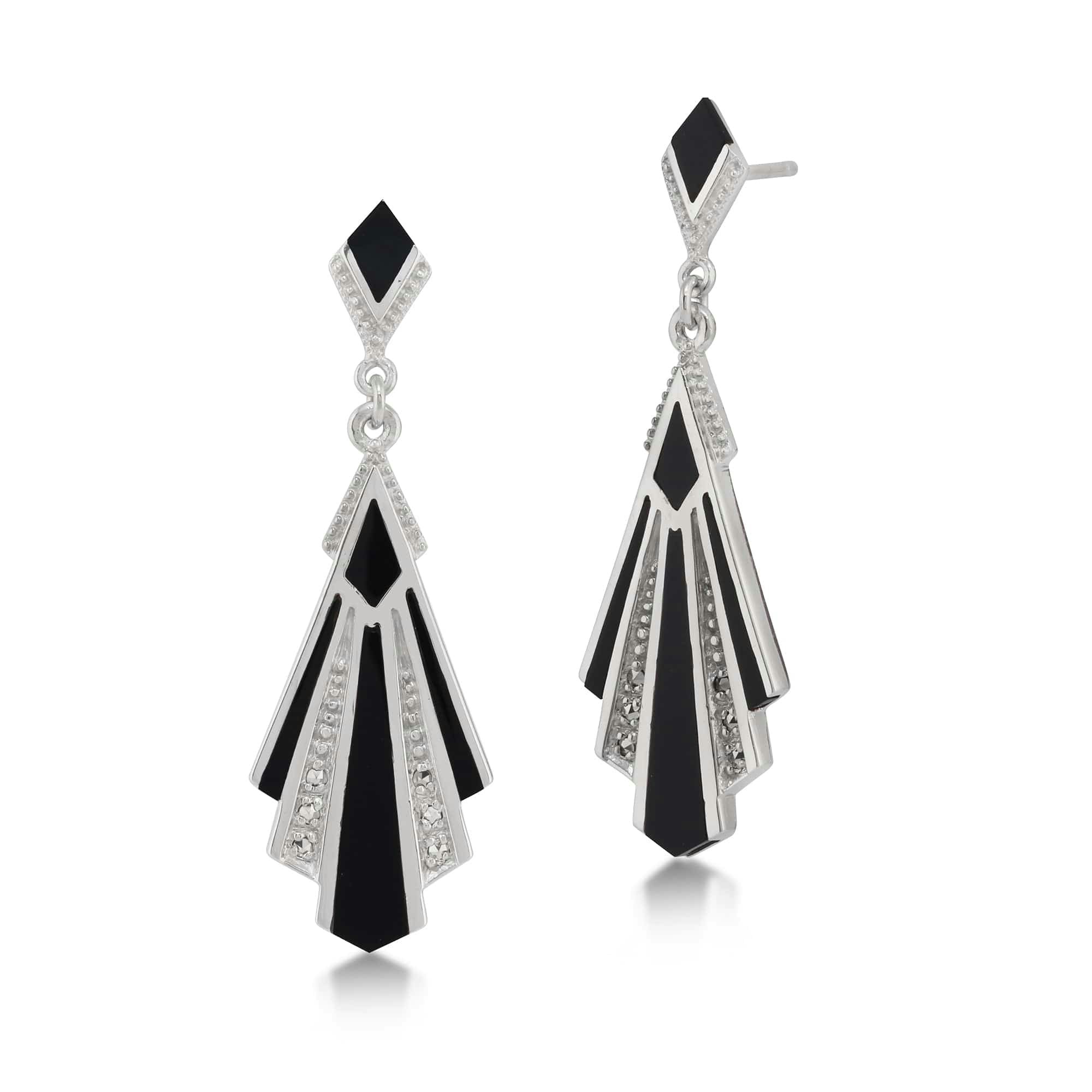 Gemondo Black/Onyx Art Deco Style Cabochon & Marcasite Drop Earrings