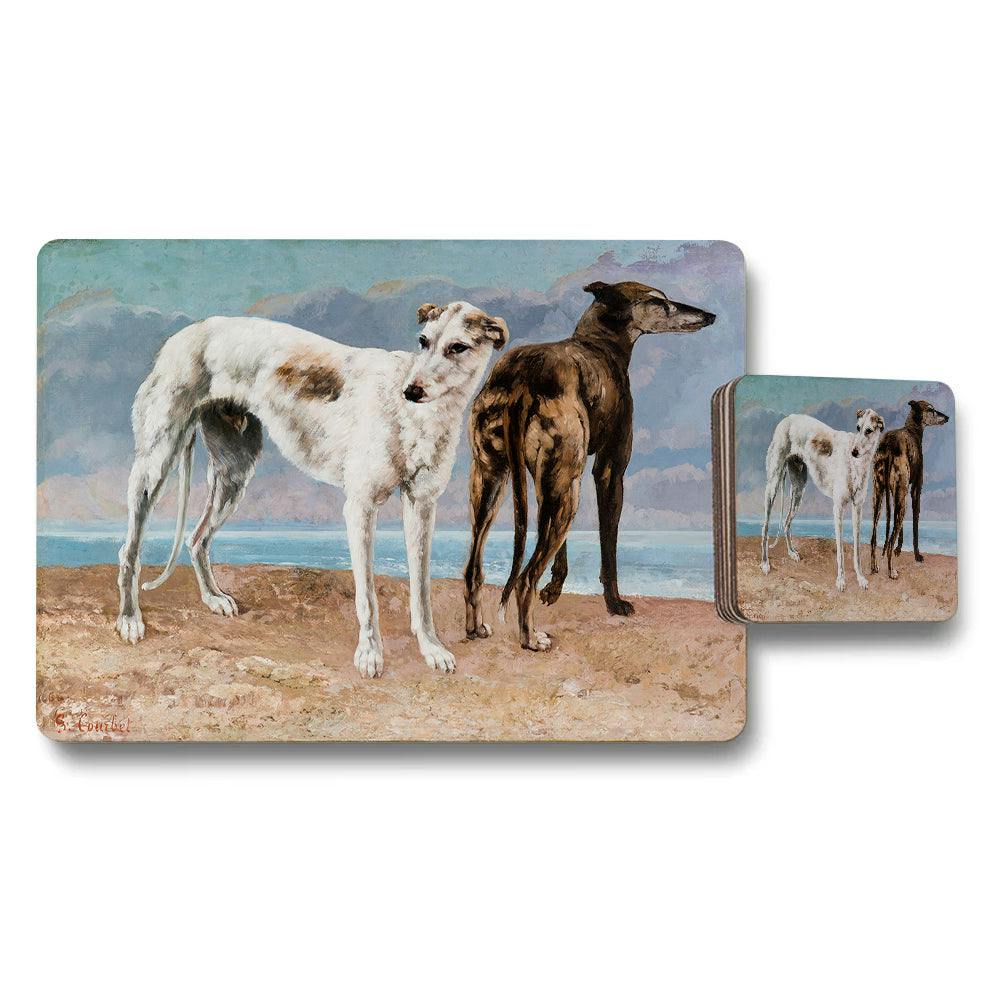 Rackhams White Greyhound Beach Scene Placemat And Coaster Set With Artwork