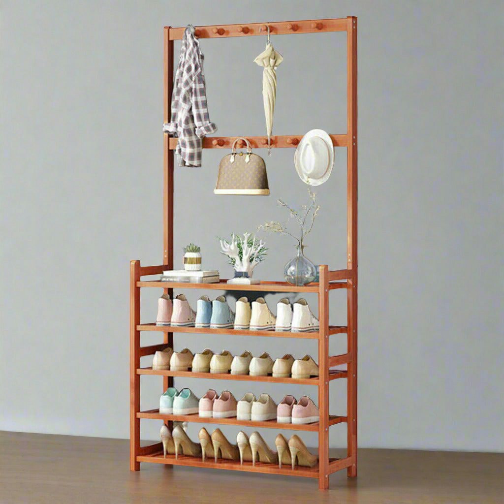 Modcraft Large Wooden Hat And Coat Stand With 5 Tiers And Shoe Rack