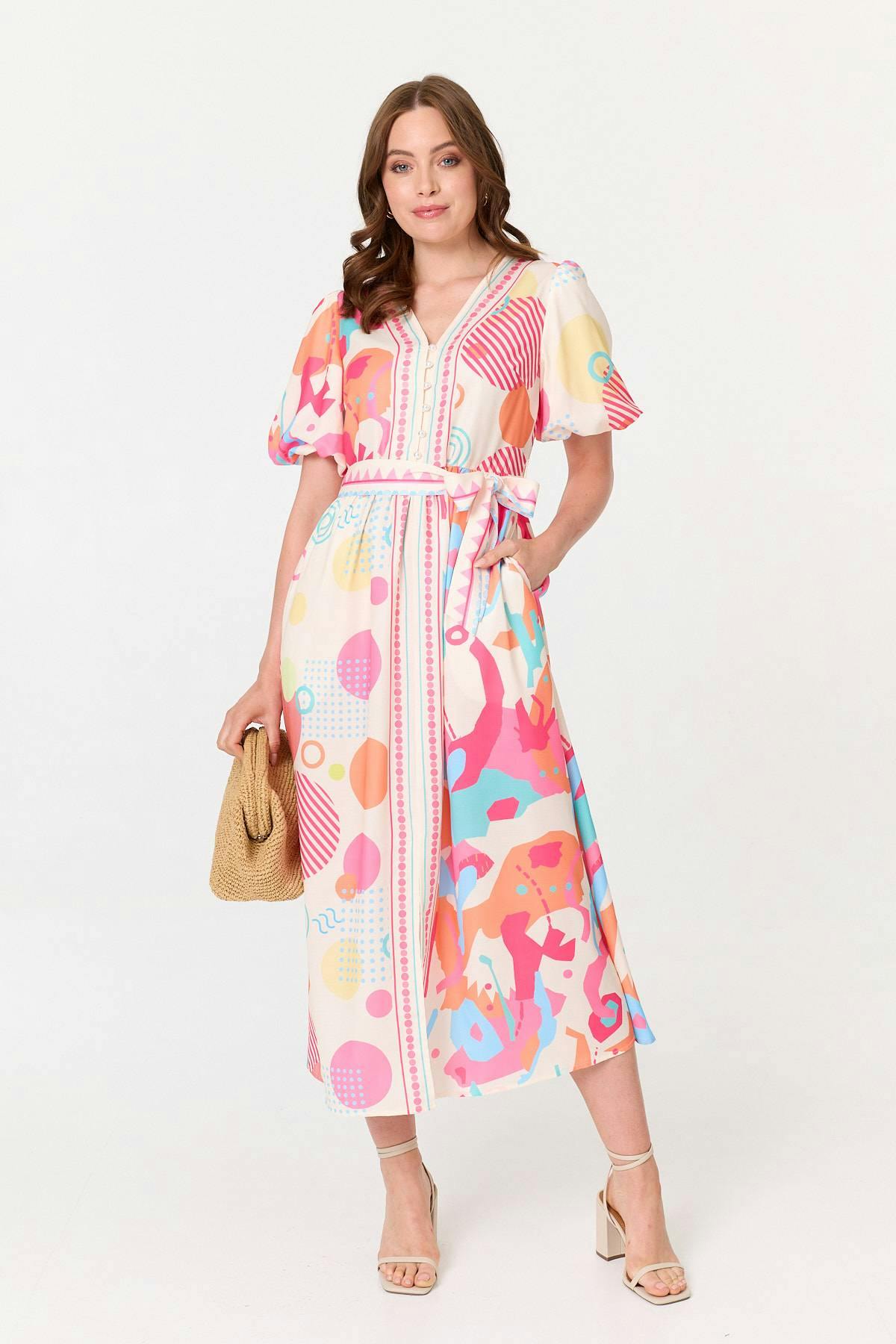 Izabel London Pink Abstract Short Puff Sleeve Midi Dress - 8