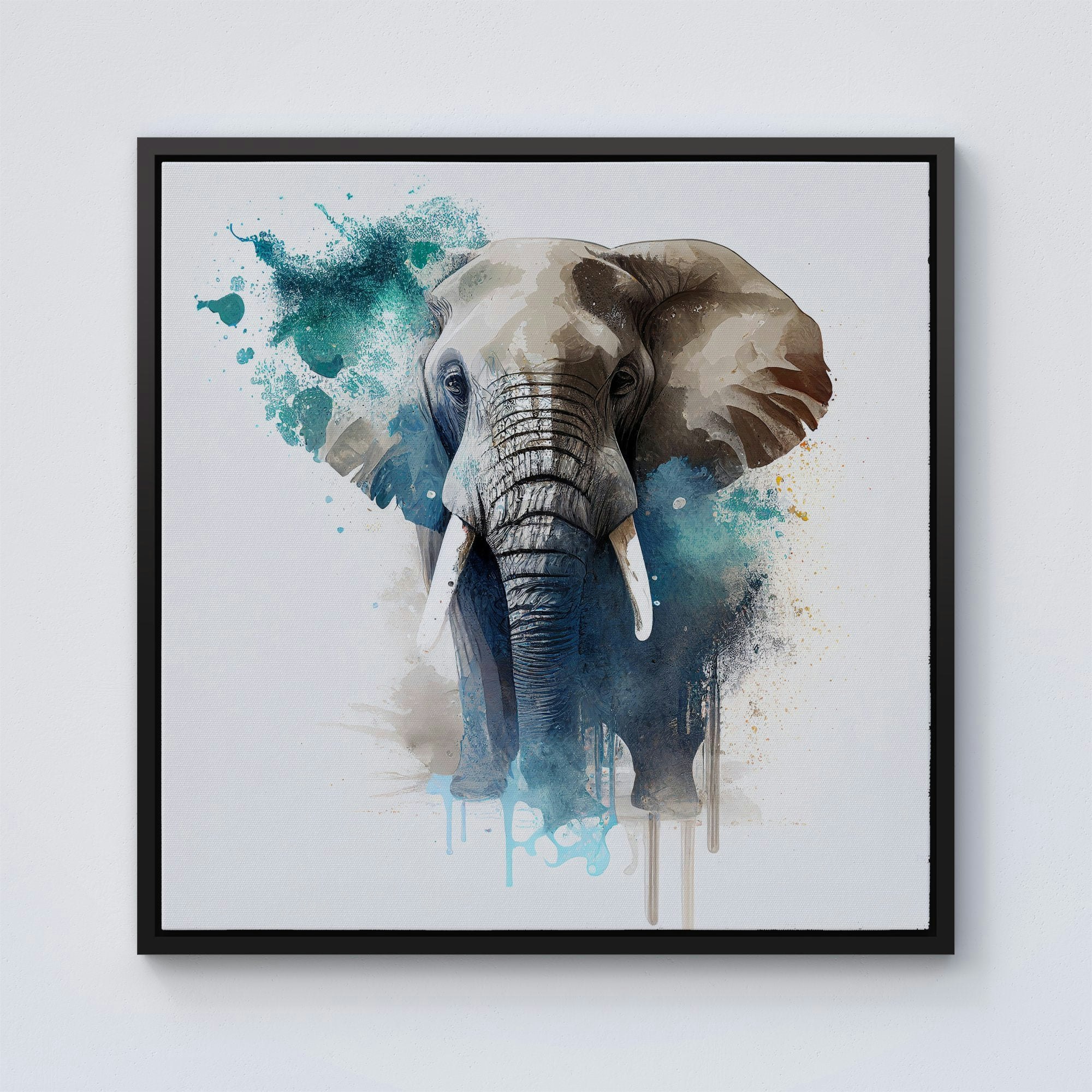 Rackhams Black Majestic Elephant Splash Art Framed Canvas - 30" X 30"