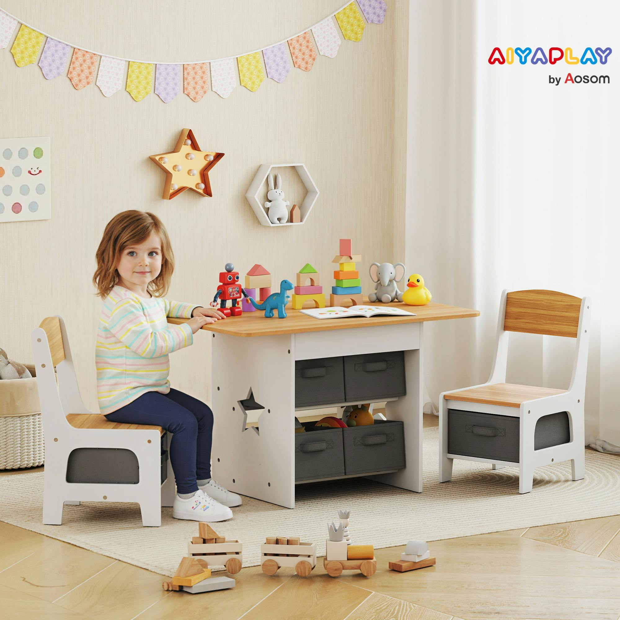 Aiyaplay Dark/Grey/White Kids Table And Chair Set With 6 Removable Drawers, Natural
