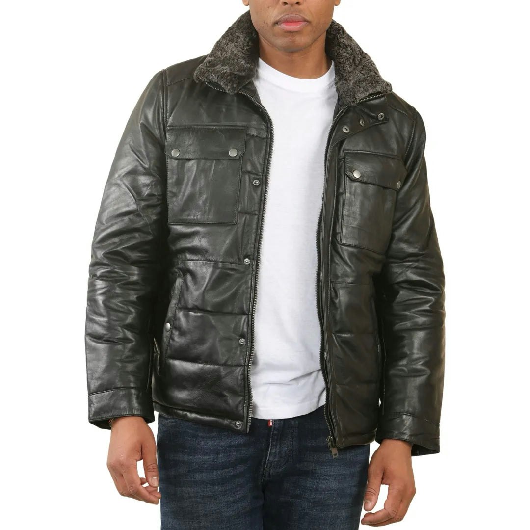Infinity Leather Men's Black Quilted Faux Fur Collar Leather Jacket - 2XL