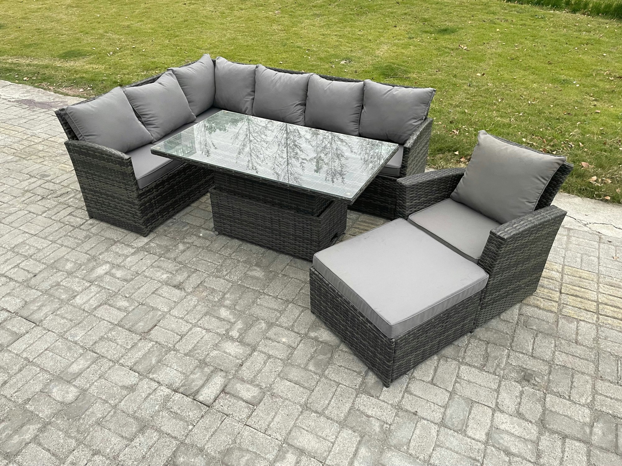 Fimous Dark/Grey Mixed Pe Rattan Outdoor Dining Set - Height Adjustable Lifting Table, Big Footstool & Armchair