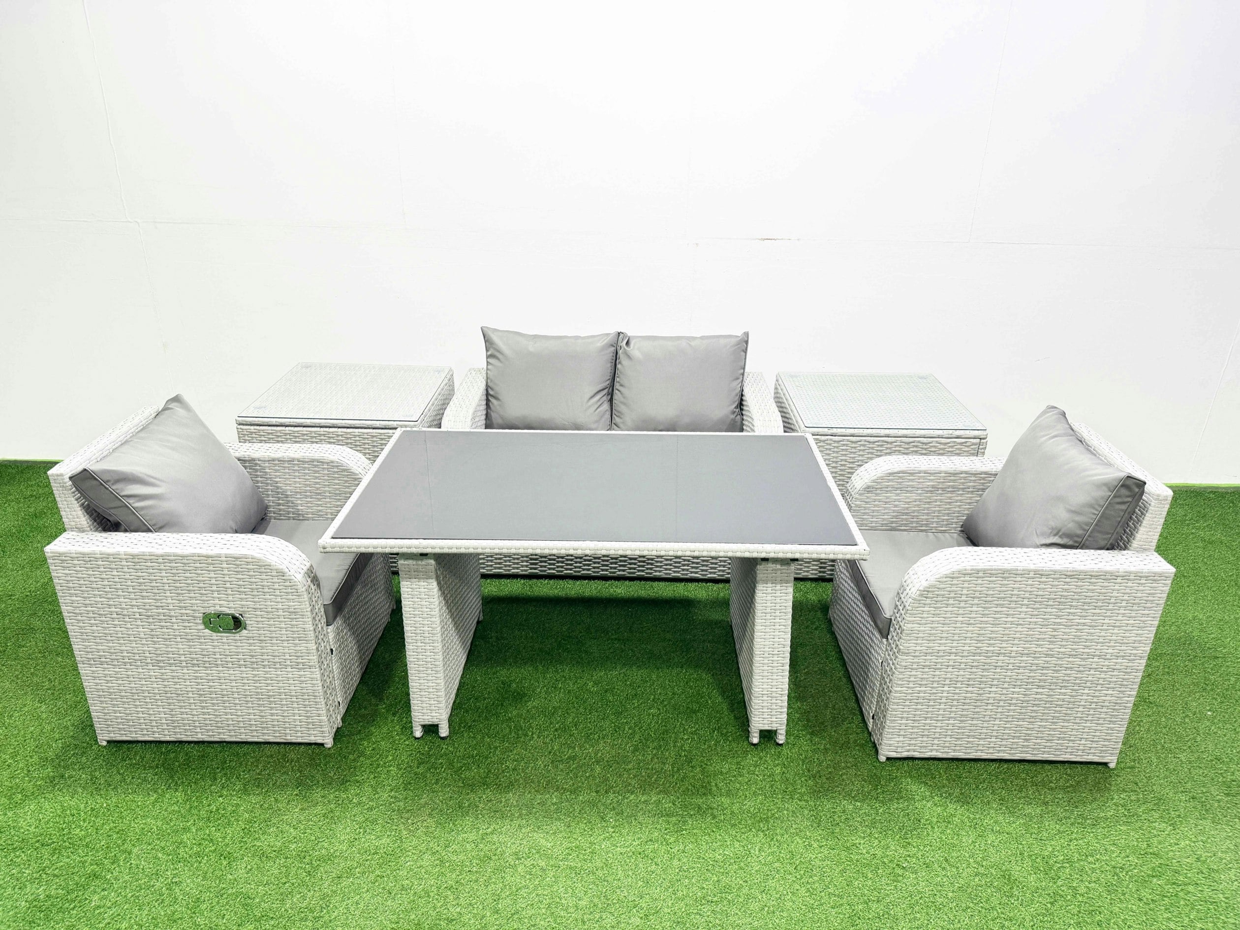 Fimous Outdoor Rattan Garden Furniture Dining Set 4 Seater Patio Rectangular Table Love Sofa Reclining Chair Set With 2 Side Tables