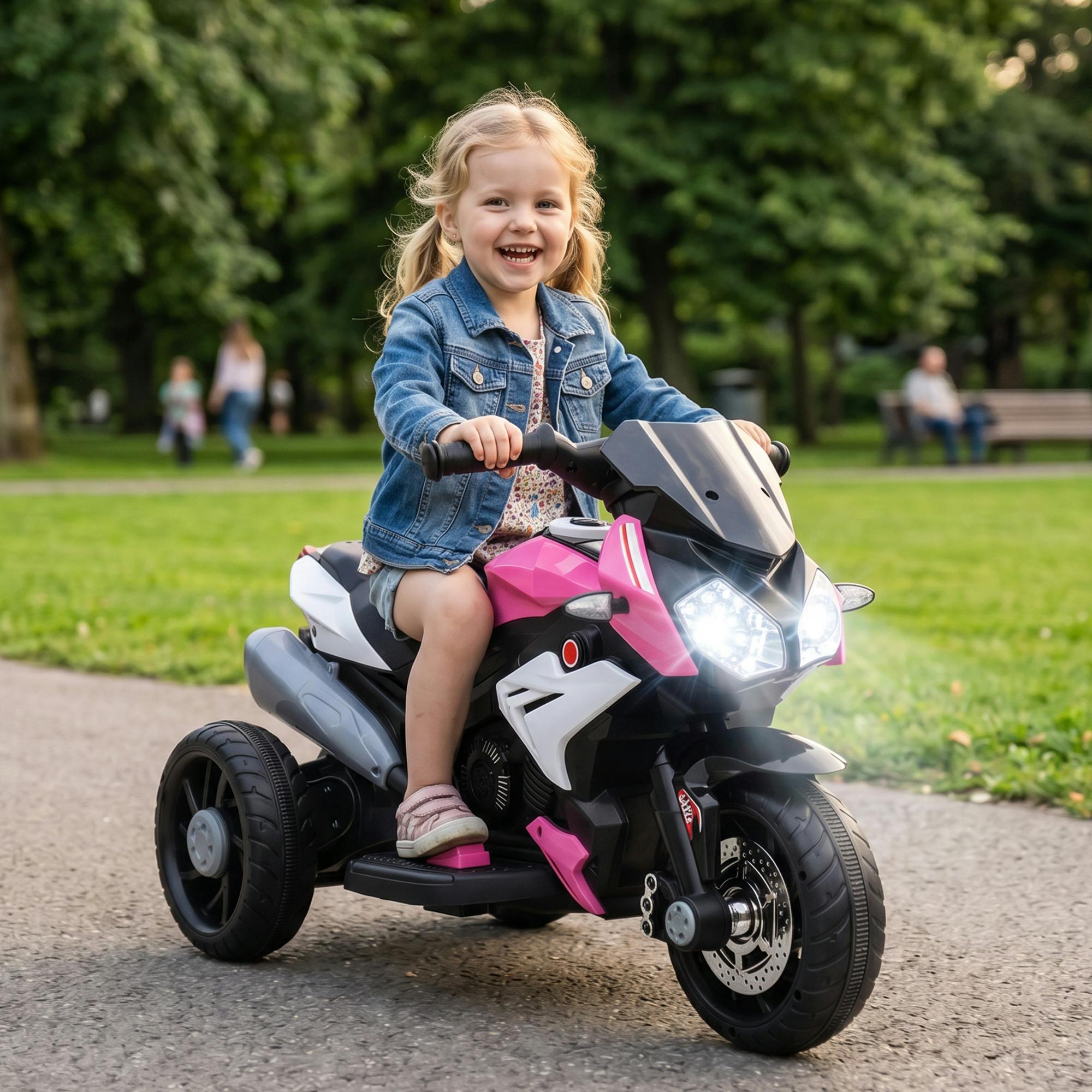 Homcom Pink Kids Electric Motorcycle With 3 Wheels, Headlight, Music, Horn,