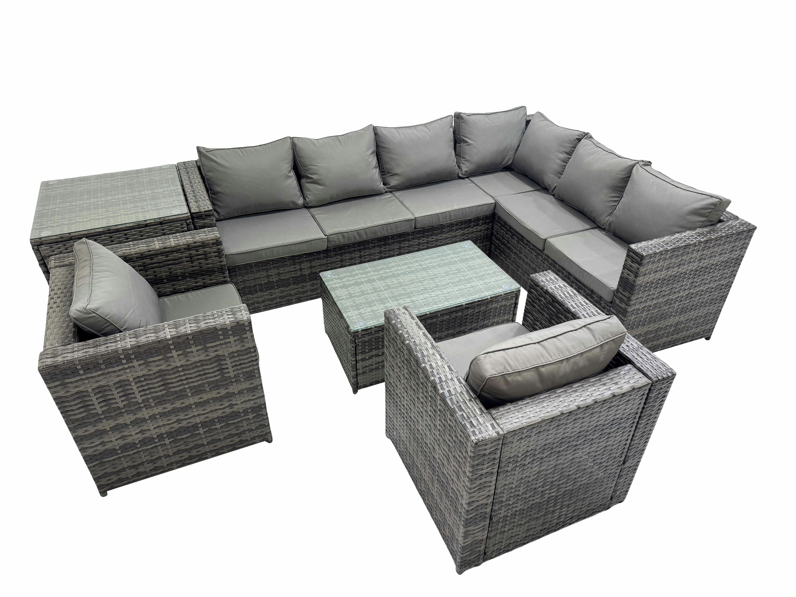 Fimous Dark/Grey Patio Sofa Oblong Coffee Table Set Rattan Garden Furniture Set With 2 Chairs Side Table Mixed