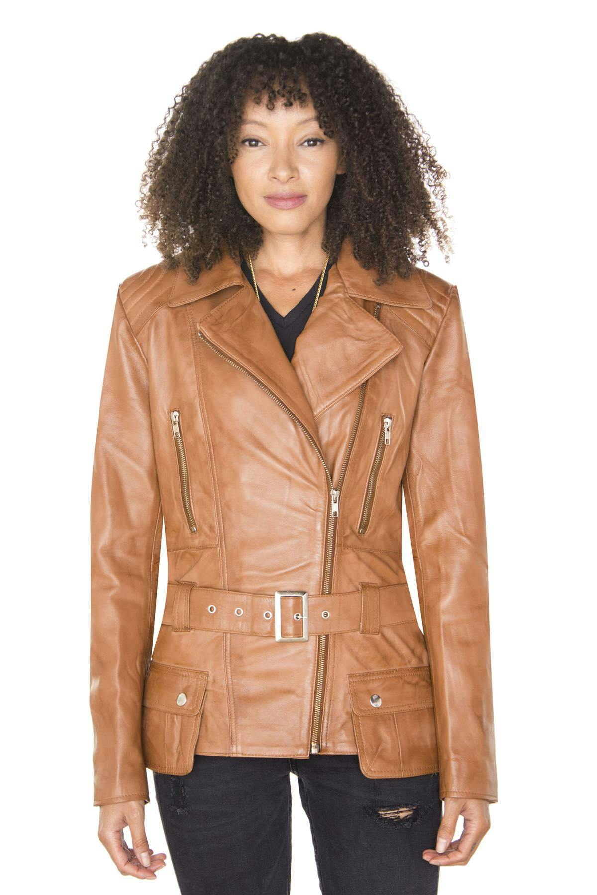 Infinity Leather Women's Long Leather Biker Jacket-Quito - Tan - Uk S/10 | Eu 36 | Us 6