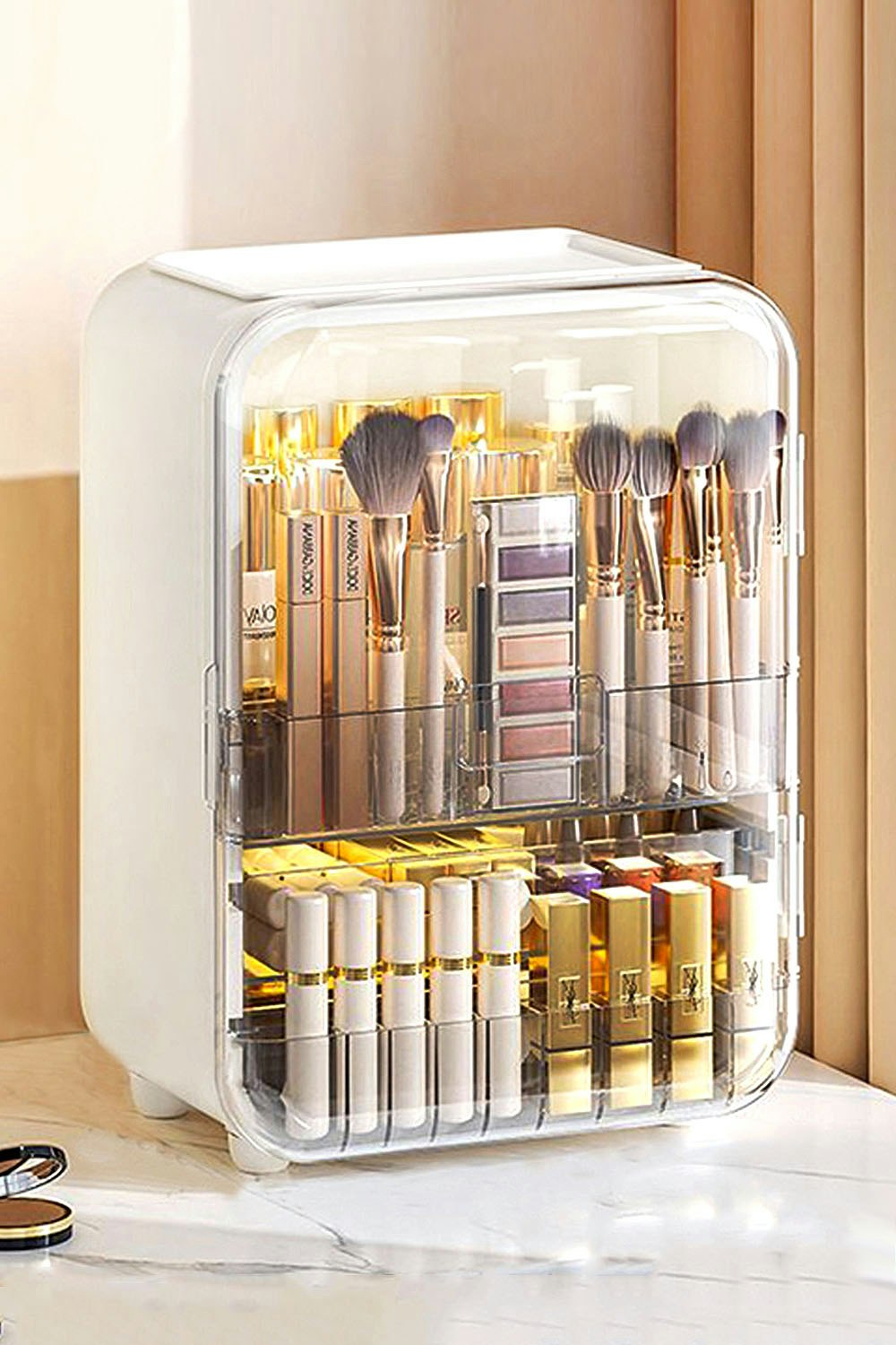 Living And Home White Large Cosmetic Organizer Skincare Display Box With Makeup Mirror