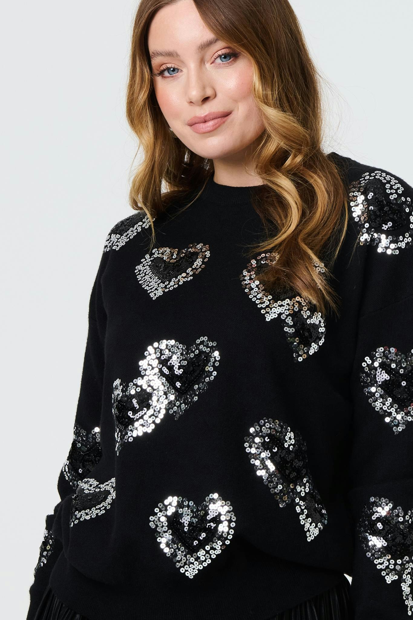 Izabel London Black Heart Sequin Embellished Knitted Jumper - 16