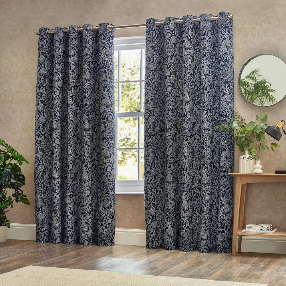 Wylder Bali Jacquard Botanical Eyelet Curtains - Midnight - 229Cm X 137Cm - Midnight - 100% Polyester