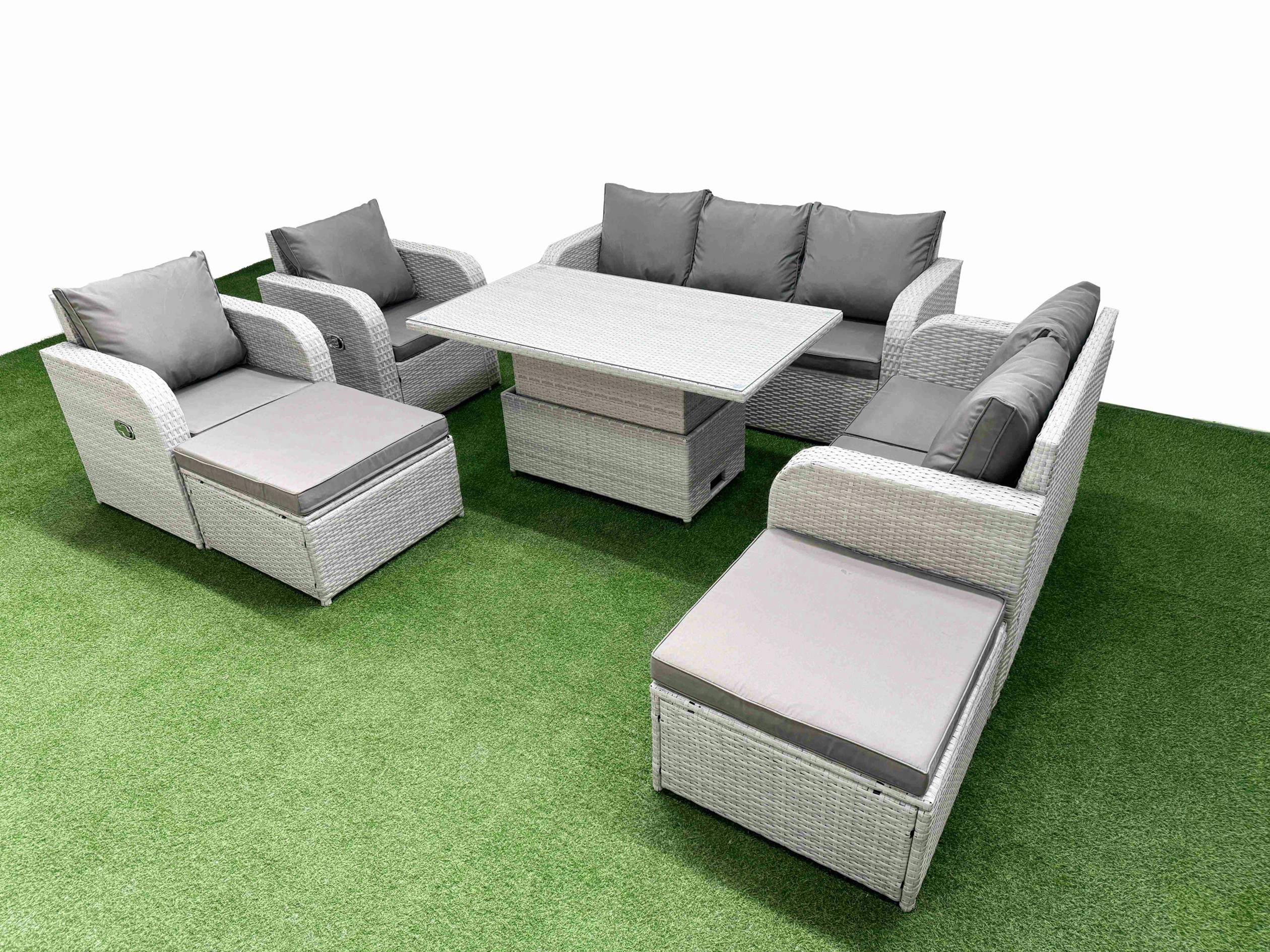 Rackhams Light/Grey Pe Rattan Furniture Set, Adj Height Table, Reclining Sofa, Double Love Seat, 2 Seater Lounge And 2 Big Footstools,