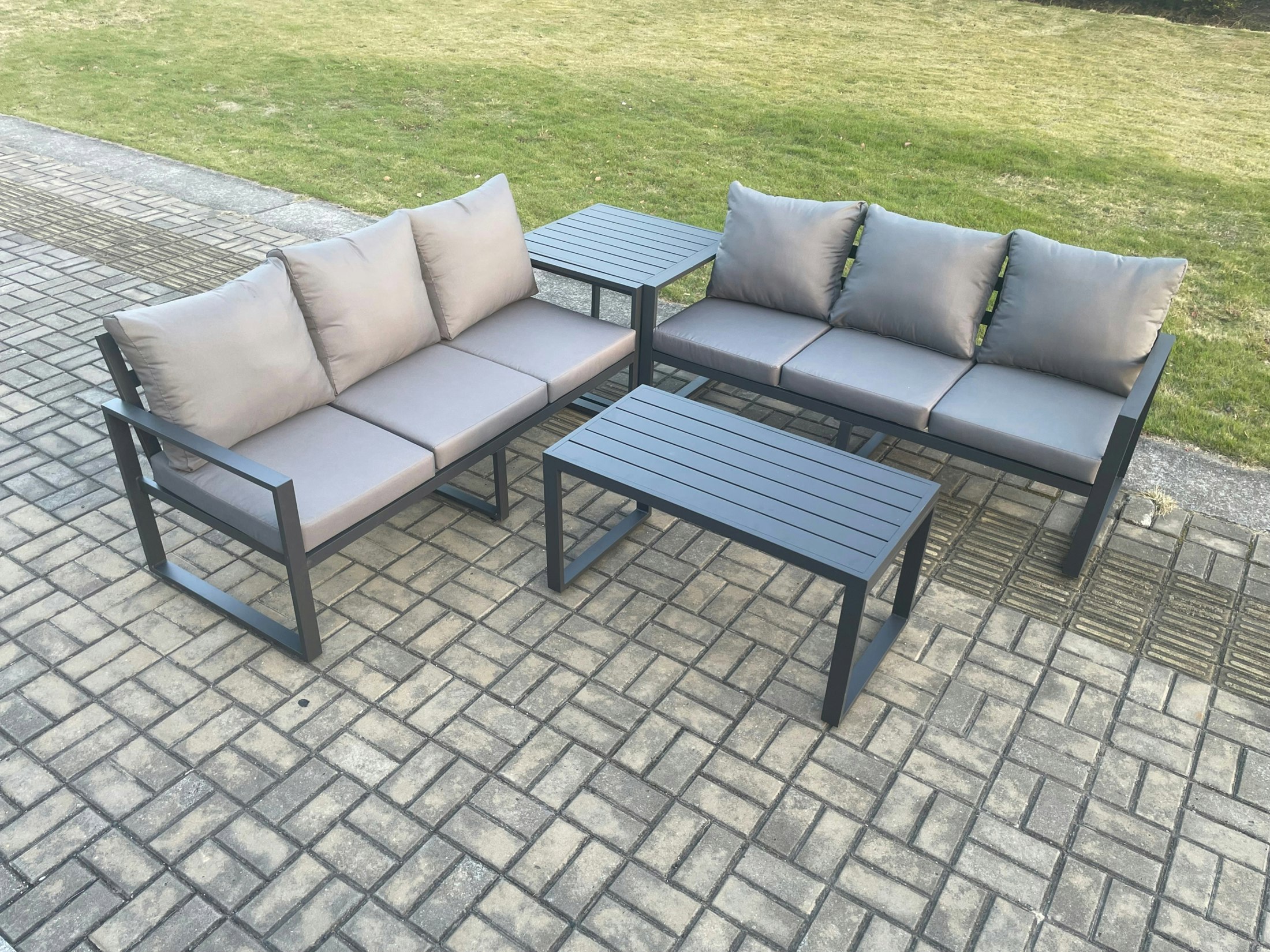 Fimous Dark/Grey Aluminium 4 Pieces Outdoor Garden Furniture Lounge Sofa Set With Oblong Coffee Table Side Table