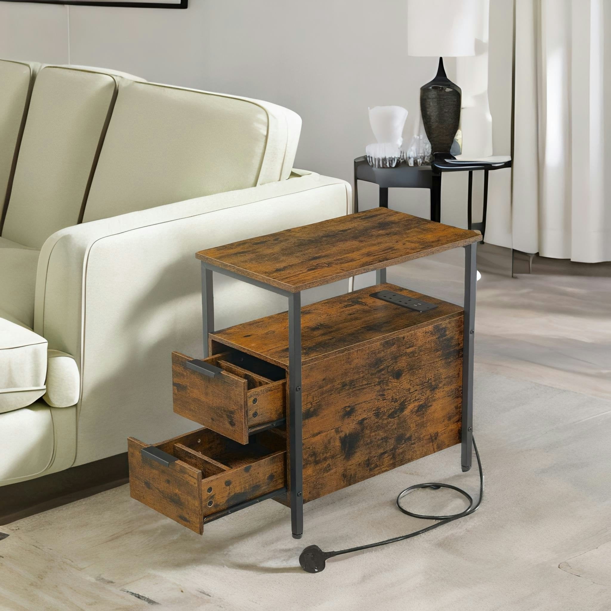 Rafaelo Mobilia Brown Slim Bedside Table With Power And Usb Outlets
