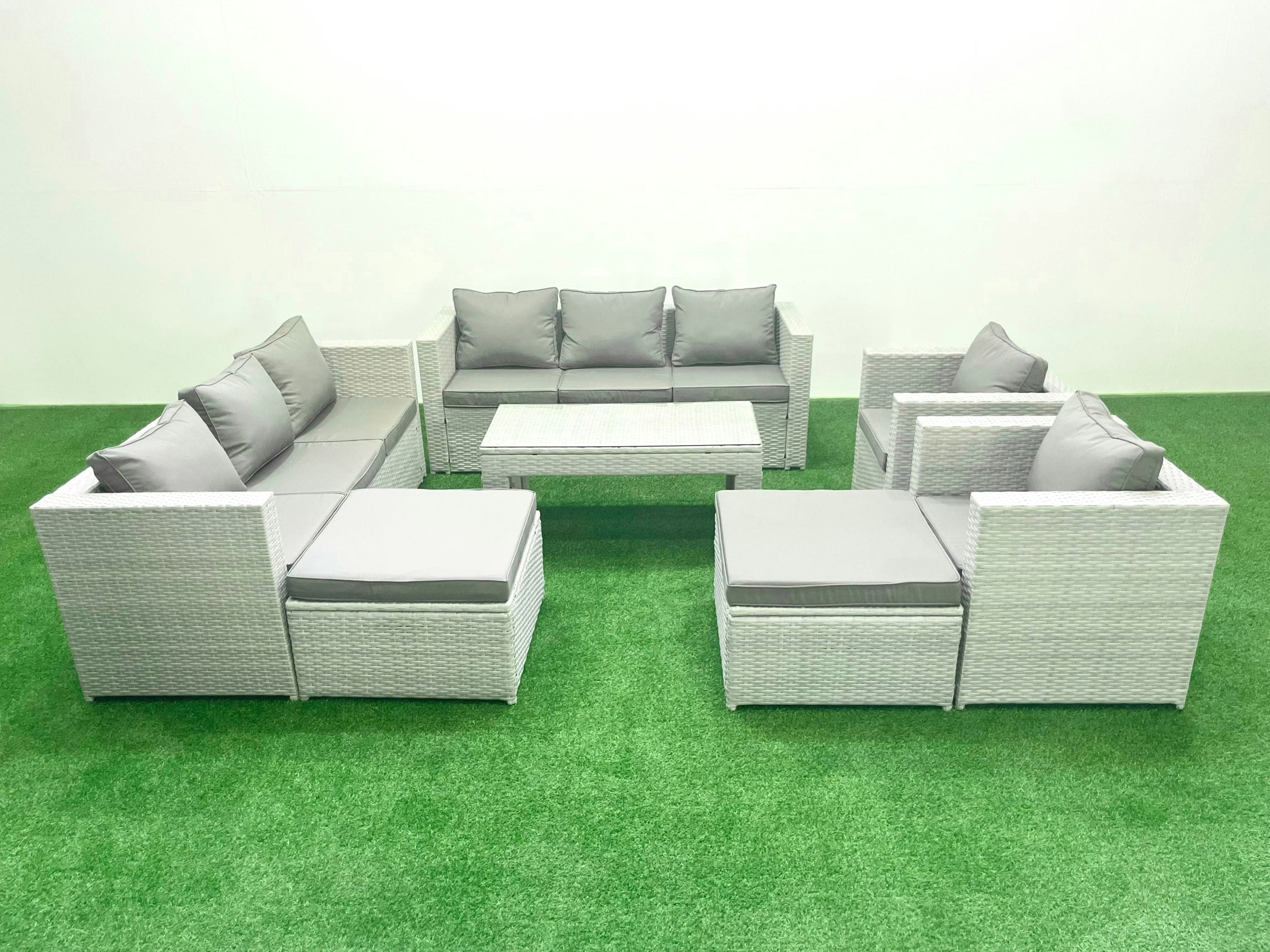 Fimous Light/Grey Outdoor Garden Furniture Rattan Sofa Set With 2 Armchairs Oblong Coffee Table 2 Big Footstools Mixed