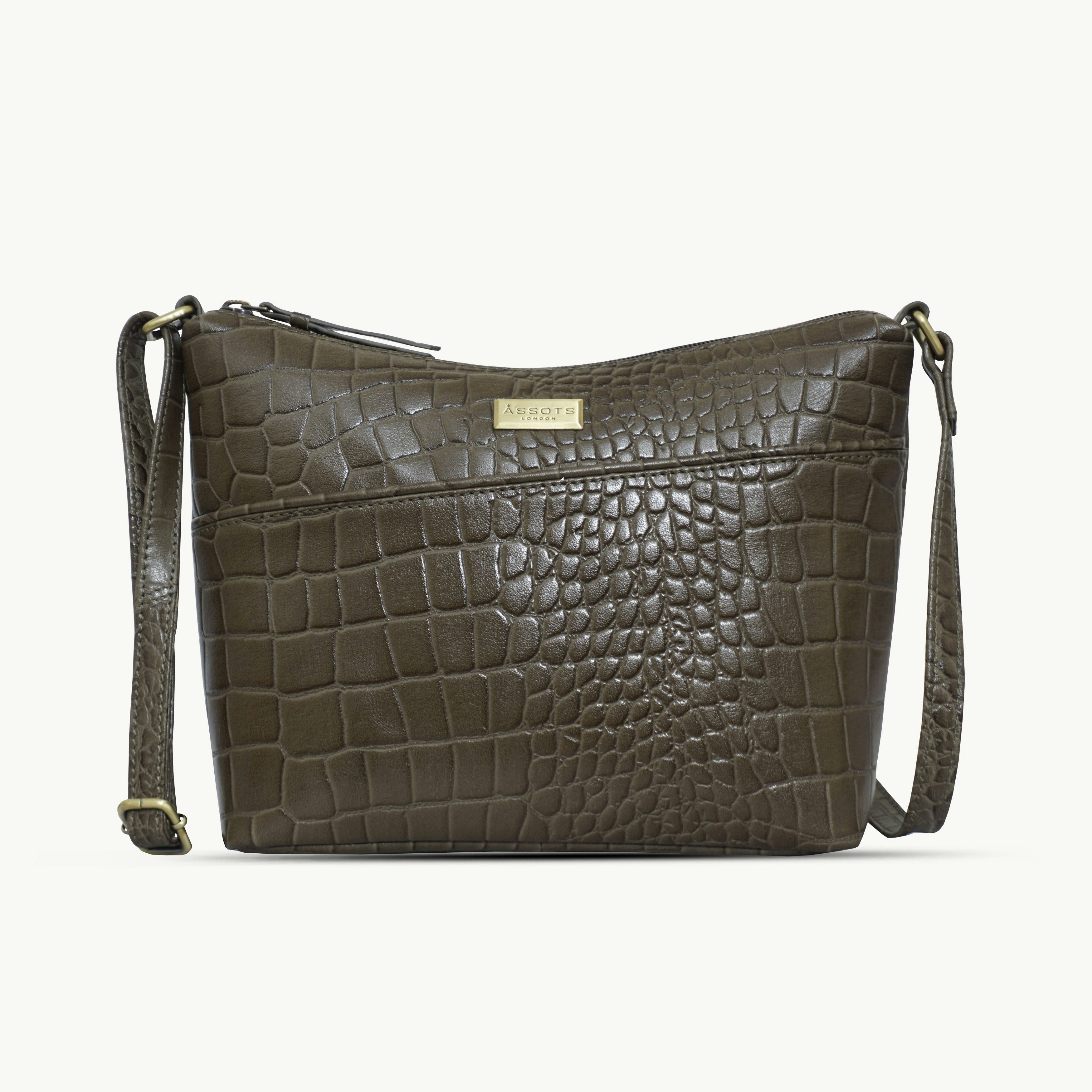 Assots London Green 'Carol' Olive Croc Real Leather Designer Crossbody Shoulder Bag 29Cm