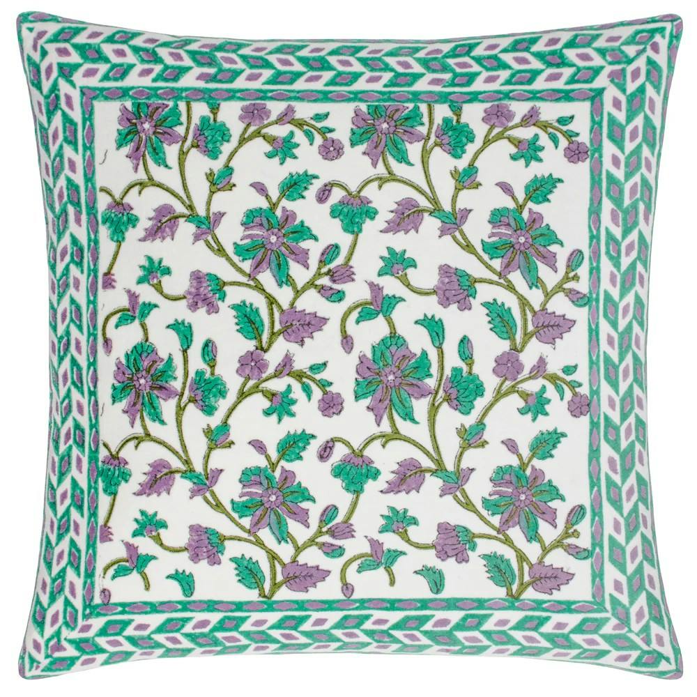 Paoletti Green/Lilac Mentera Velvet Floral Cushion Cover - Oasis - 50Cm X 50Cm - Oasis - 100% Cotton