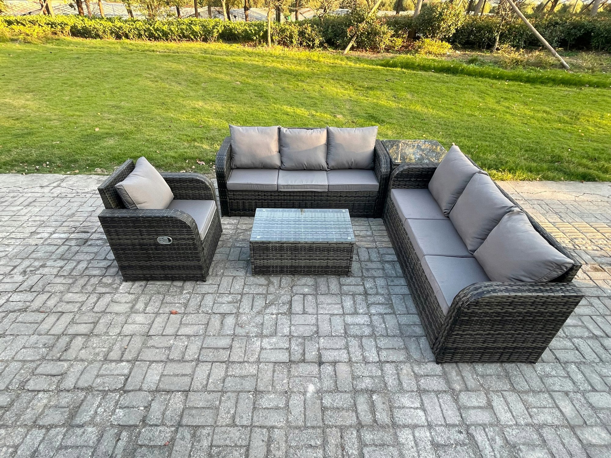 Fimous Dark/Grey 7-Seater Rattan Garden Sofa Set - Mixed Outdoor Patio Table & Chairs Set With 3-Seater Sofa & Reclining Chair