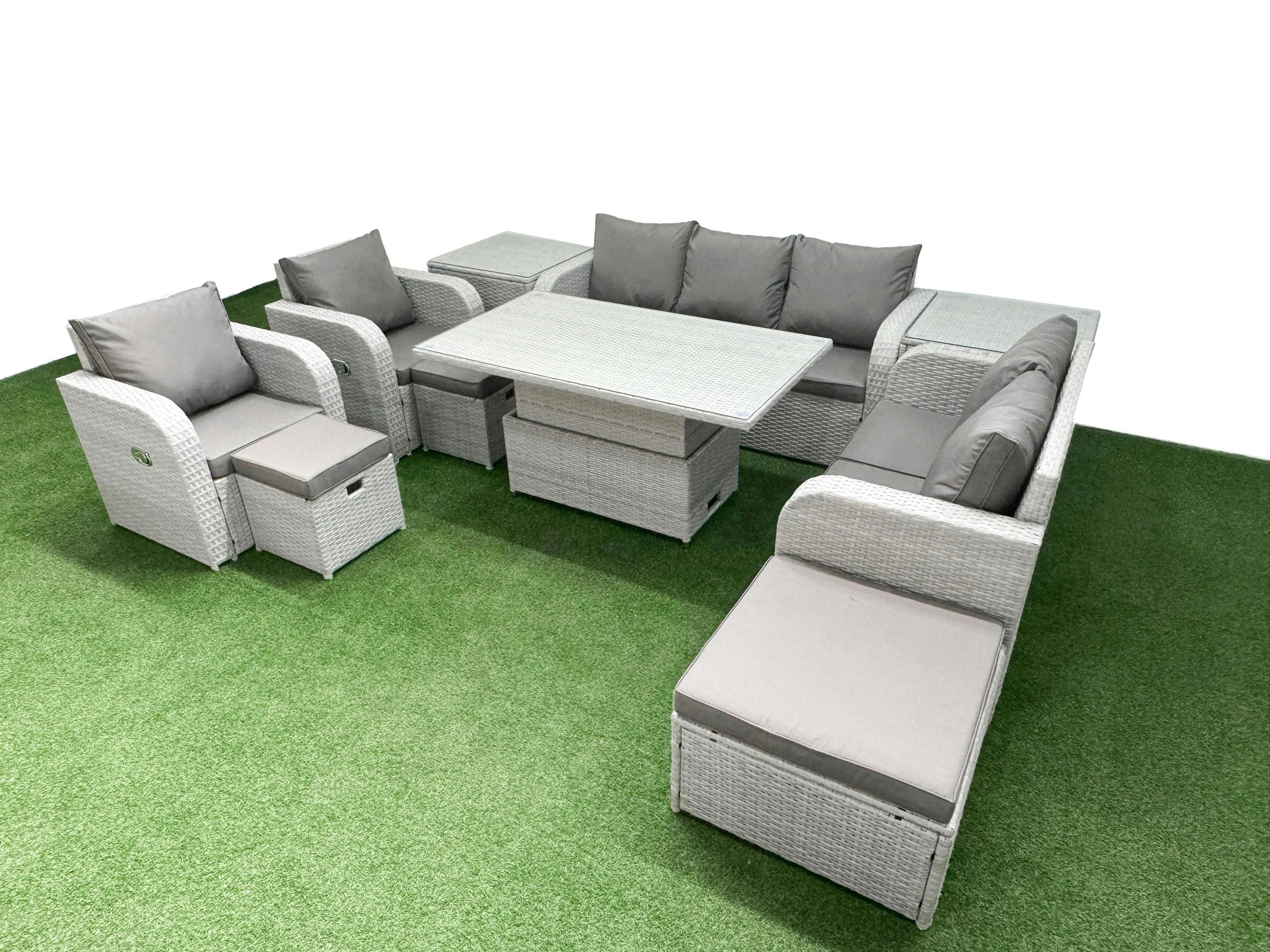 Rackhams Light/Grey Pe Rattan Garden Set, Adj Height Table, Reclining Sofa, Double Love Seat, 2 Seater Lounge, 3 Stools And 2 Side Tables,