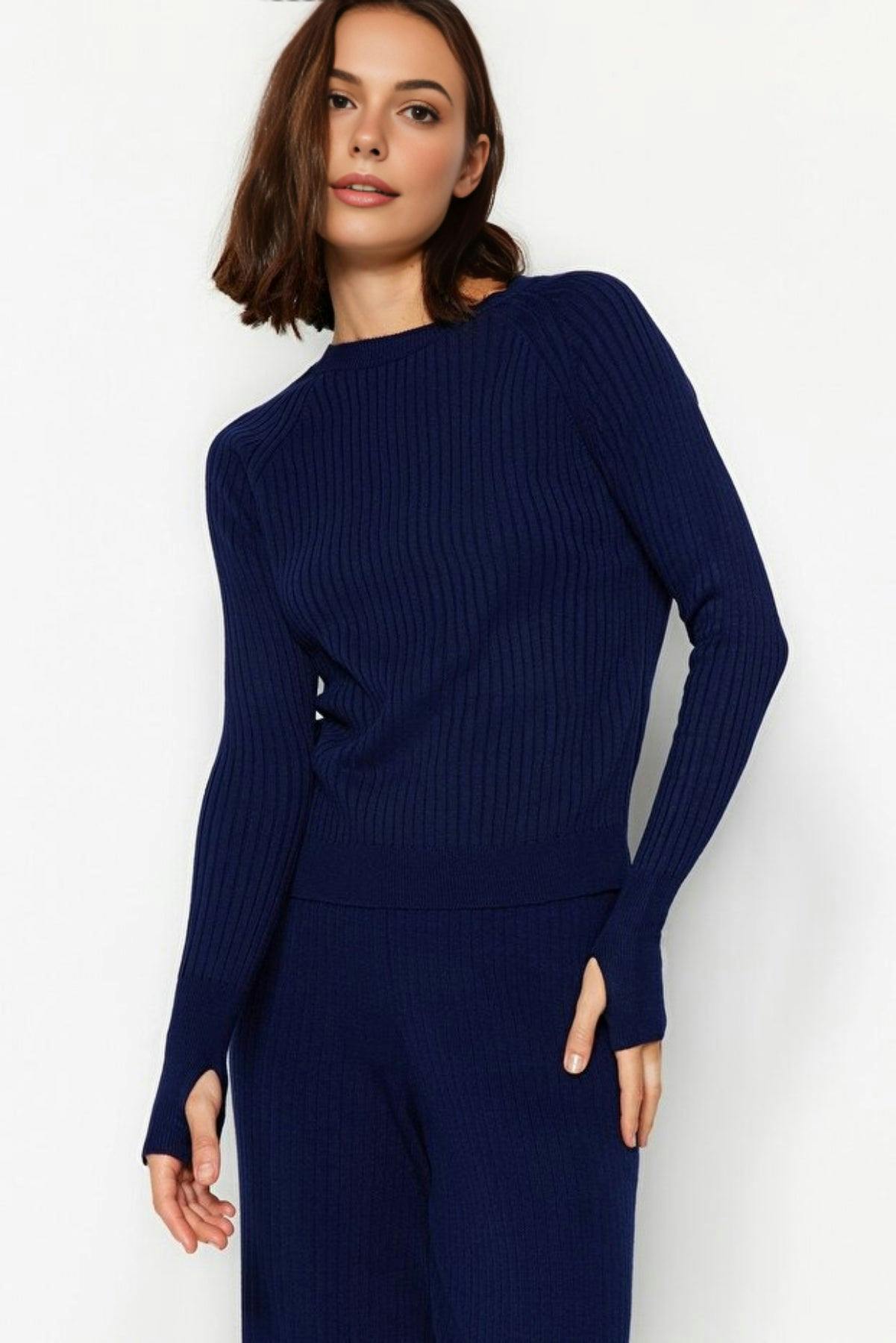 Wovcor 2-Piece Basic Knit Set With Finger Detail - Navy - S