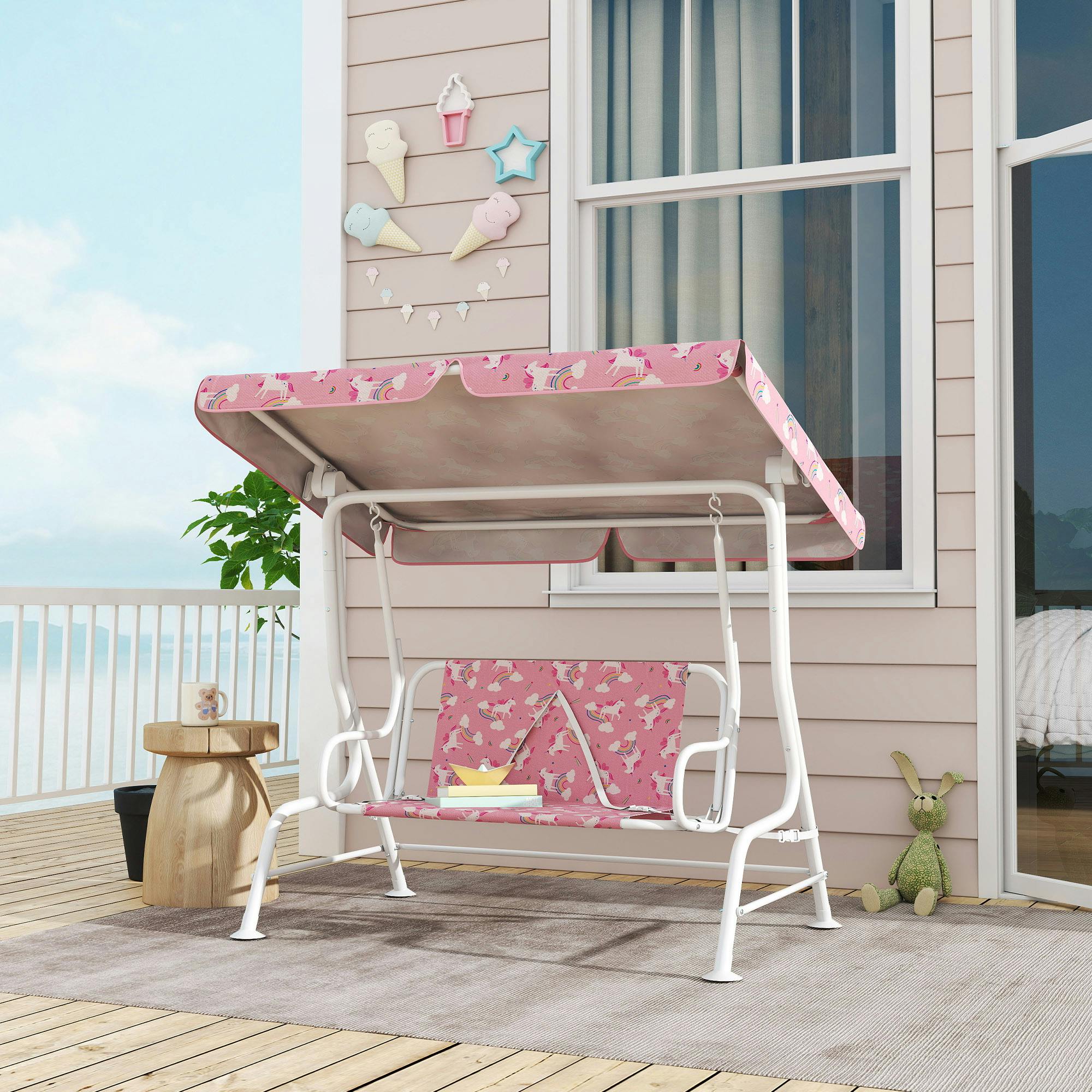 Aiyaplay Pink Kids 2-Seater Porch Swing With Seat Belts, Adjustable Canopy