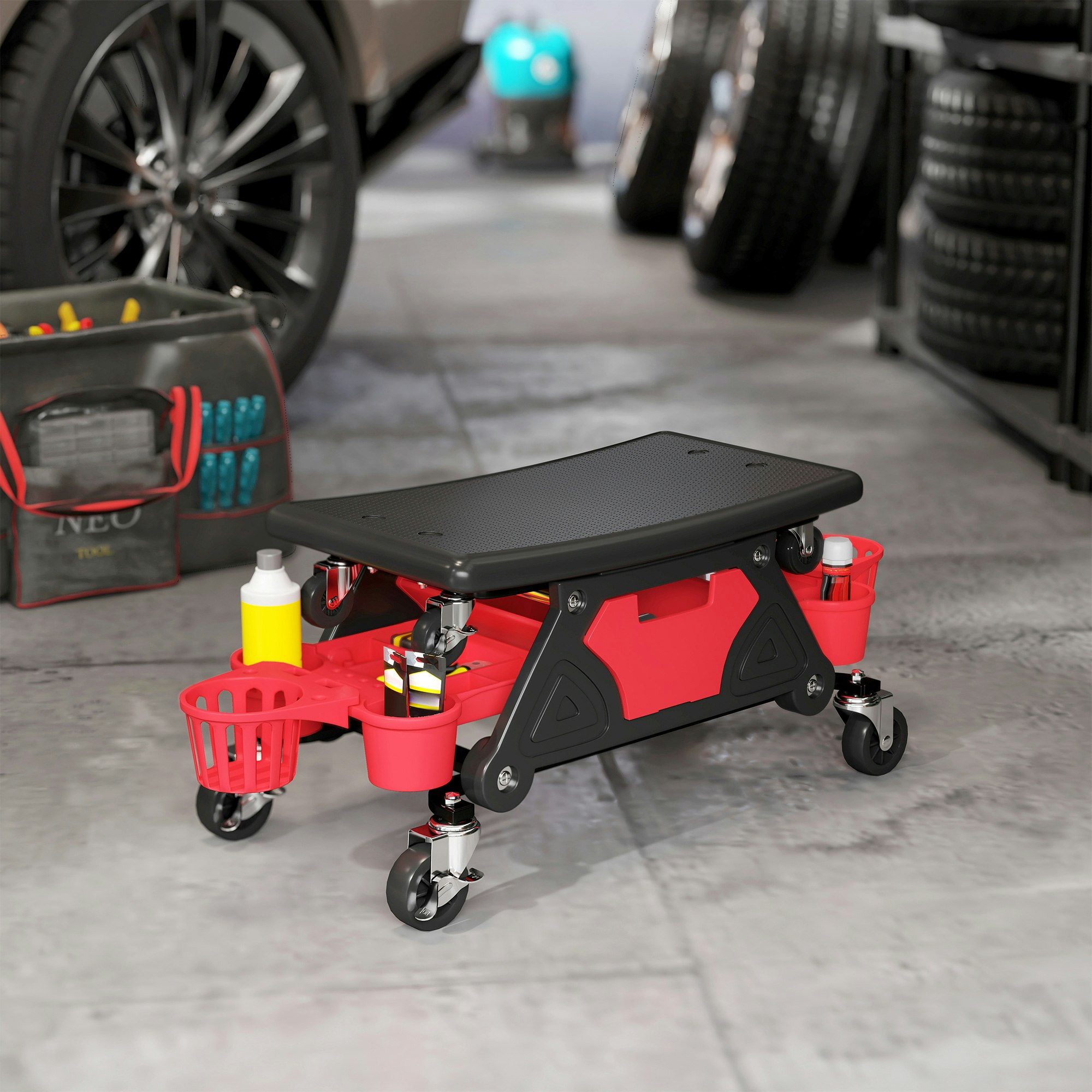 Homcom Red Rolling Mechanic Stool, 135Kg Capacity Workshop Stool,