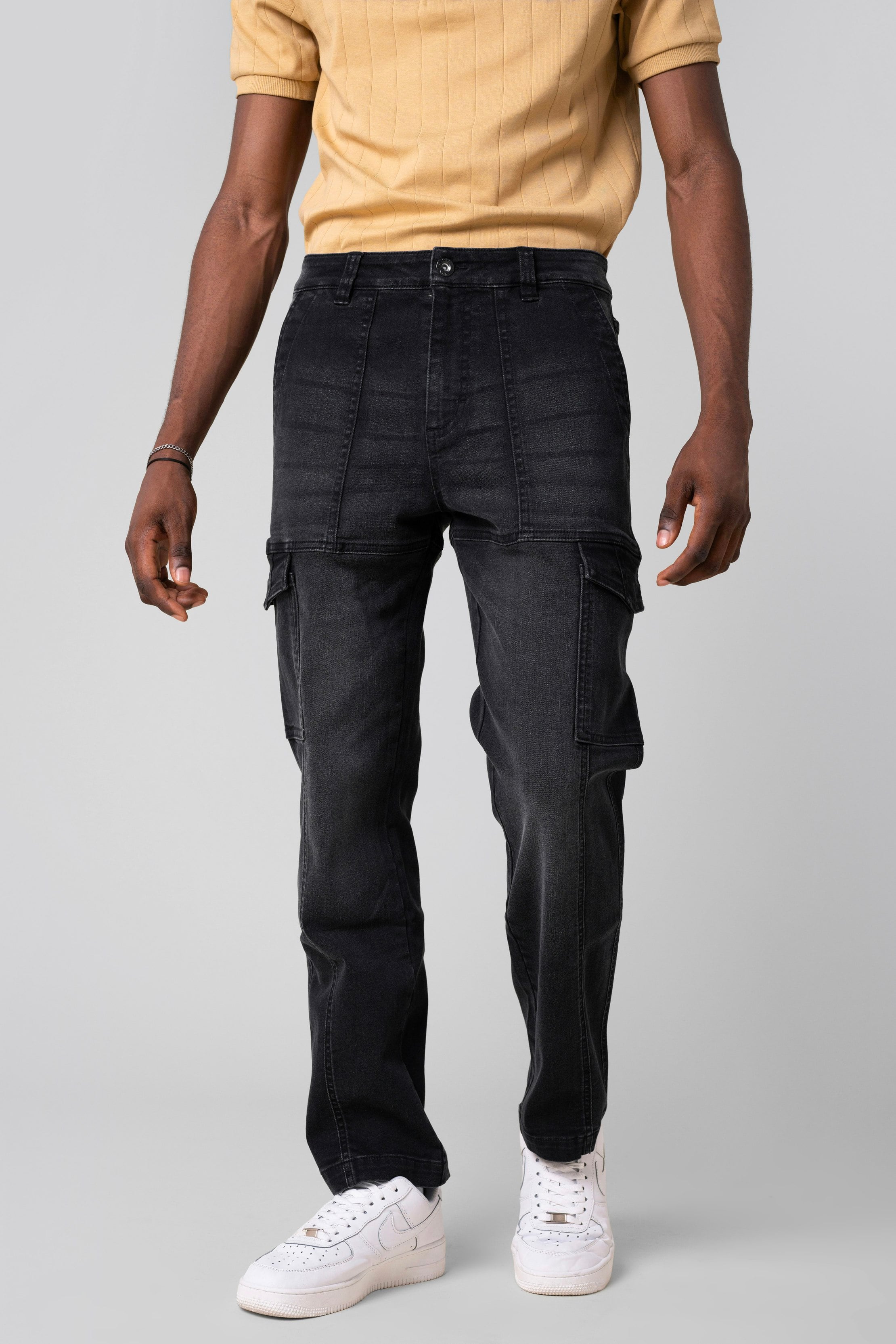Enorsia Men's Black Regular Fit Stretch Utility Jeans - 36 - 70% Cotton, 19.7% Reprove Polyester, 8.4% Rayon, 1.9% Elastane