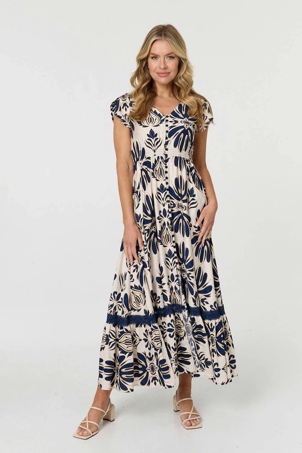 Izabel London Printed Lace Trim Cap Sleeved Maxi Dress - 10 - Navy