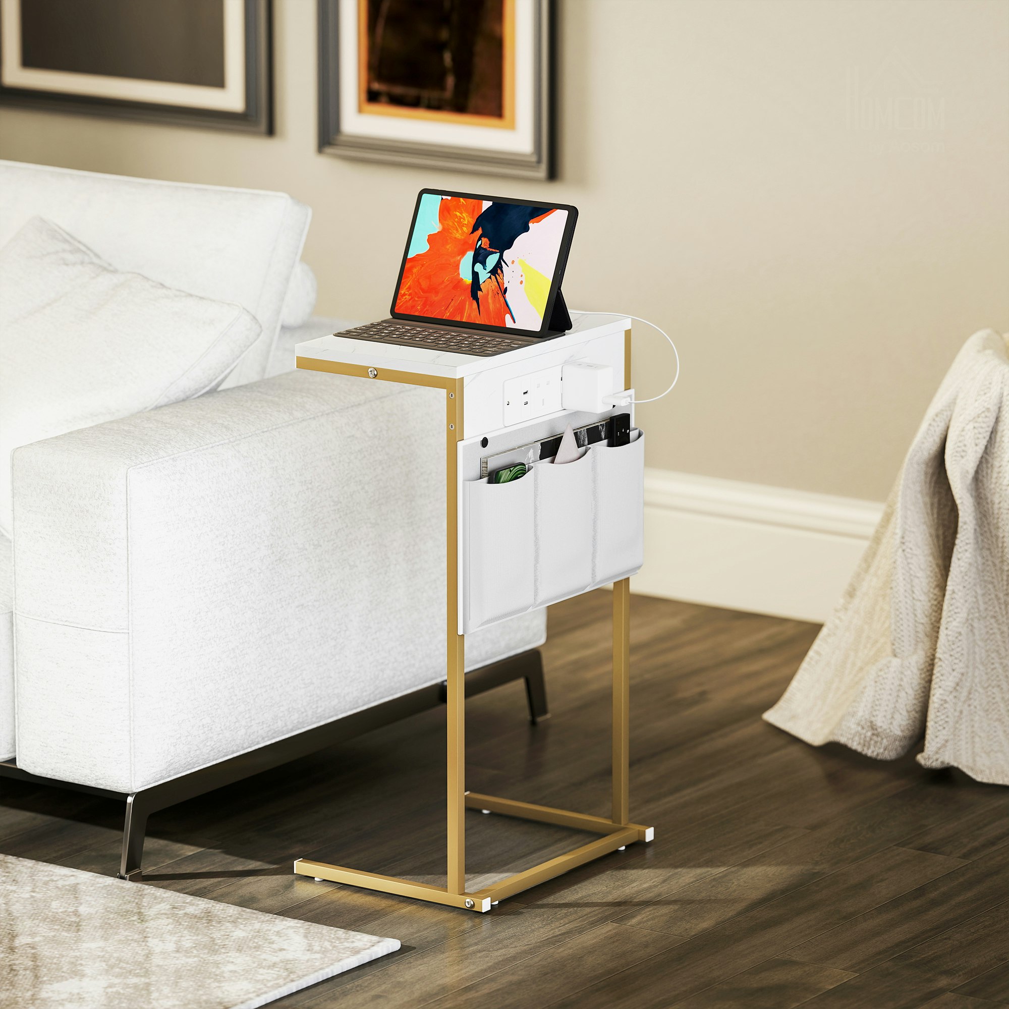 Homcom Grain C-Shaped Side Table With Charging Station, Modern Bedside Table - 25.5W X 40D Cm - Mdf, Steel - C-Shaped Bedside Table