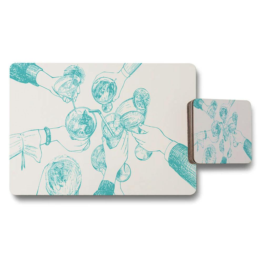 Rackhams Light Placemat Coaster Set With Teal Drink Toast Illustration