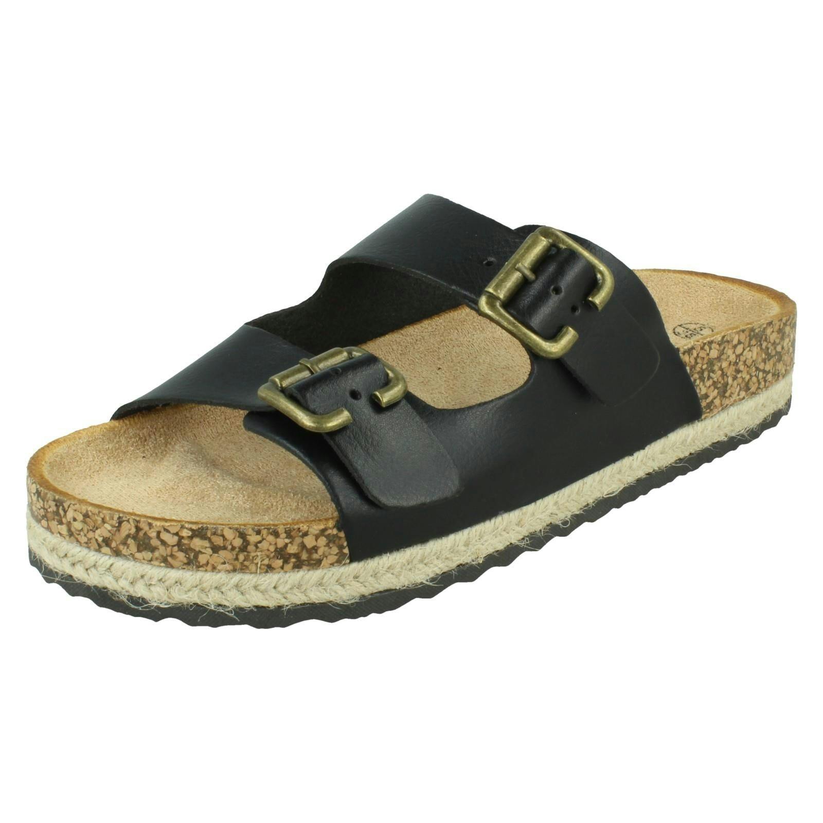 Down To Earth Women's Black Twin Buckle Strap Sliders Sandals F12086 - Uk 6