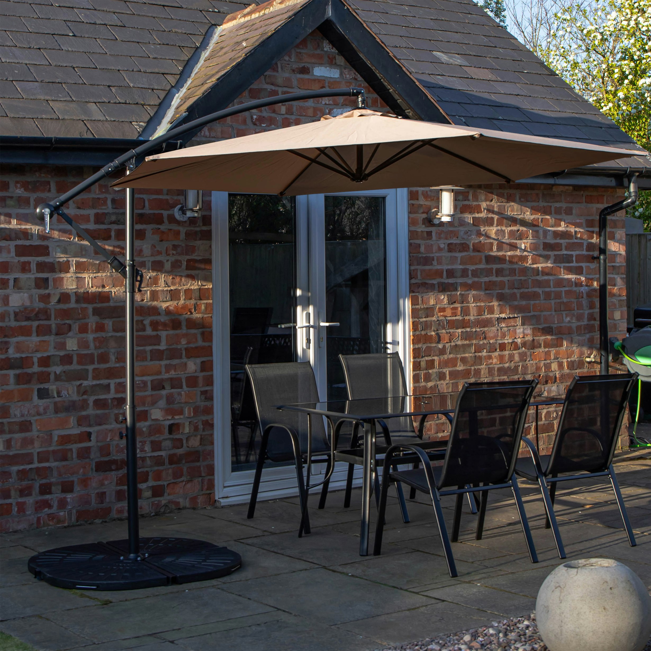 Rackhams Beige Outdoor 4 Person Rectangular Glass Top Garden Dining Table Chairs With Banana Parasol And Base - Outdoor Furniture Sets